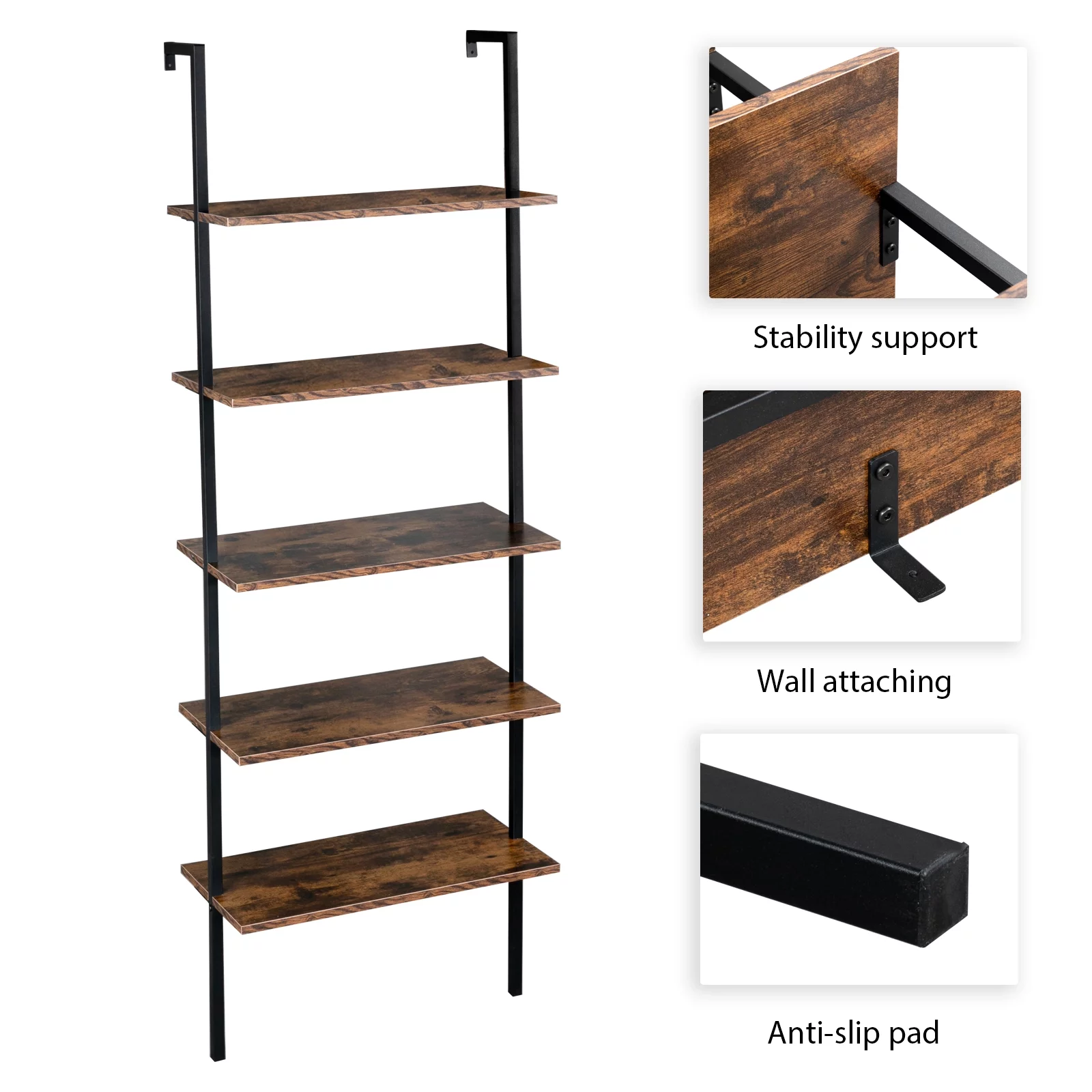 DFITO Industrial Wall Mounted Bookcase 5-Tier Open Ladder Shelf Bookshelf with Metal Frame, 23.6