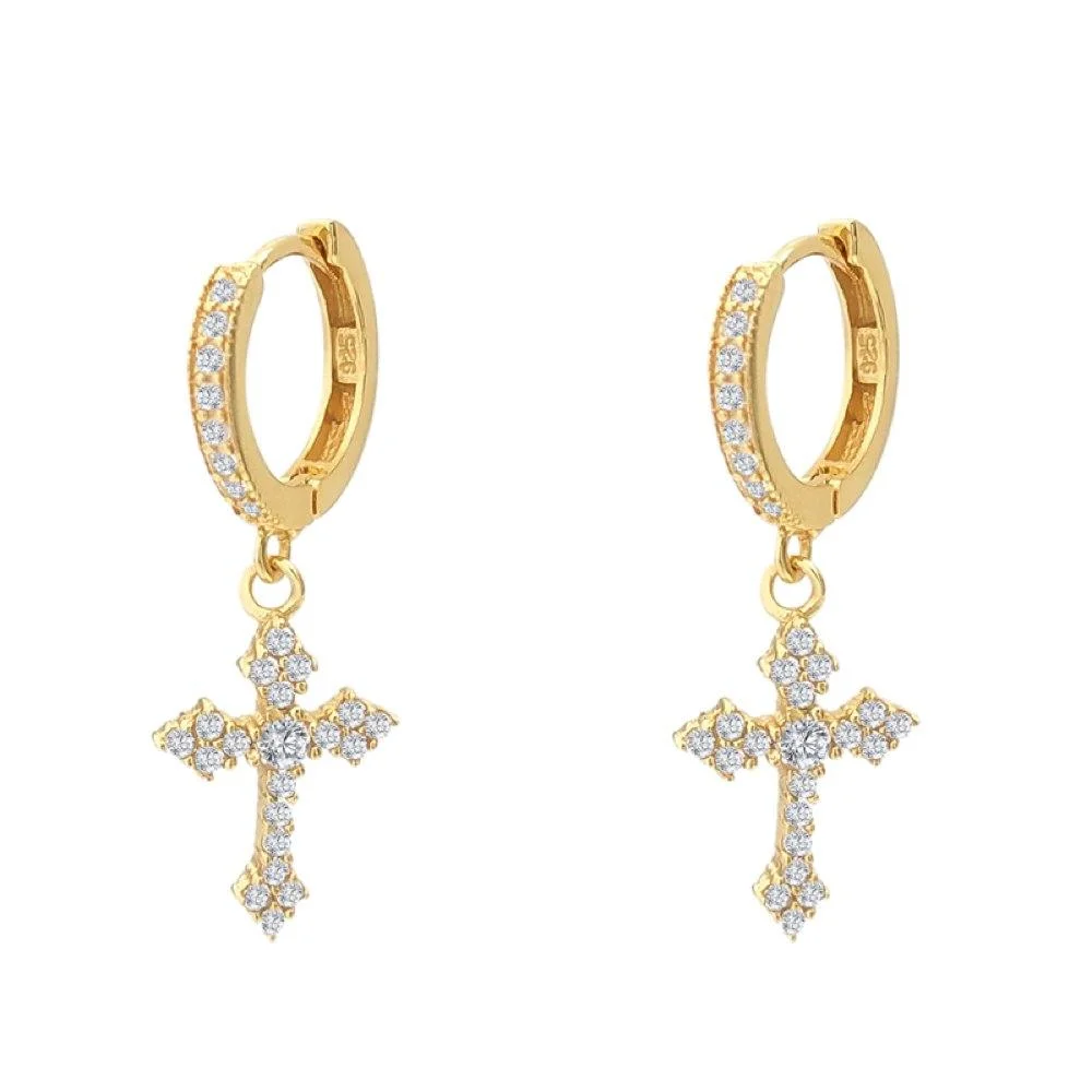 Dangling Antique Cross Hoop VVS Moissanite Earrings .925 Sterling Silver