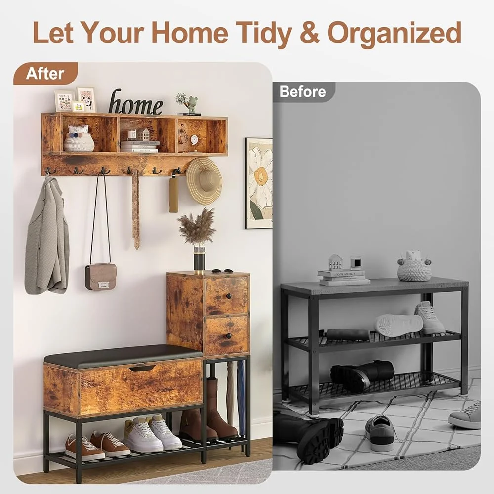 CHNBVC 39" Coat Rack Shoe Bench Set with Flip Top Box and 2 Drawers  Entryway Bench with Shoe  7 in 1 Entryway Bench with Coat Rack   Bench with 7 Coat Hooks& 2 Umbrella-Wood