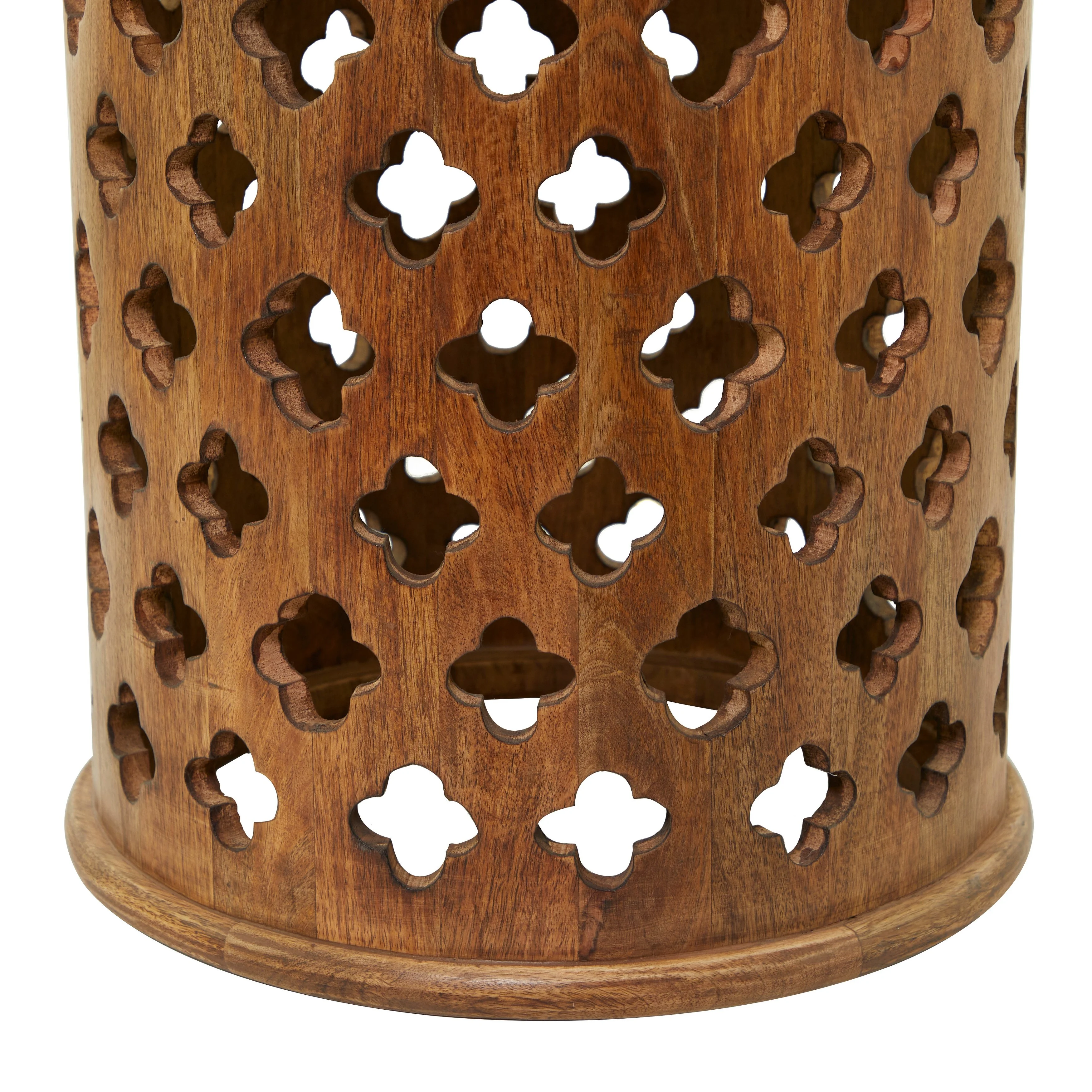 Studio 350 Brown Mango Wood Quatrefoil Design Accent Table with Clear Glass Top 18 x 18 x 22