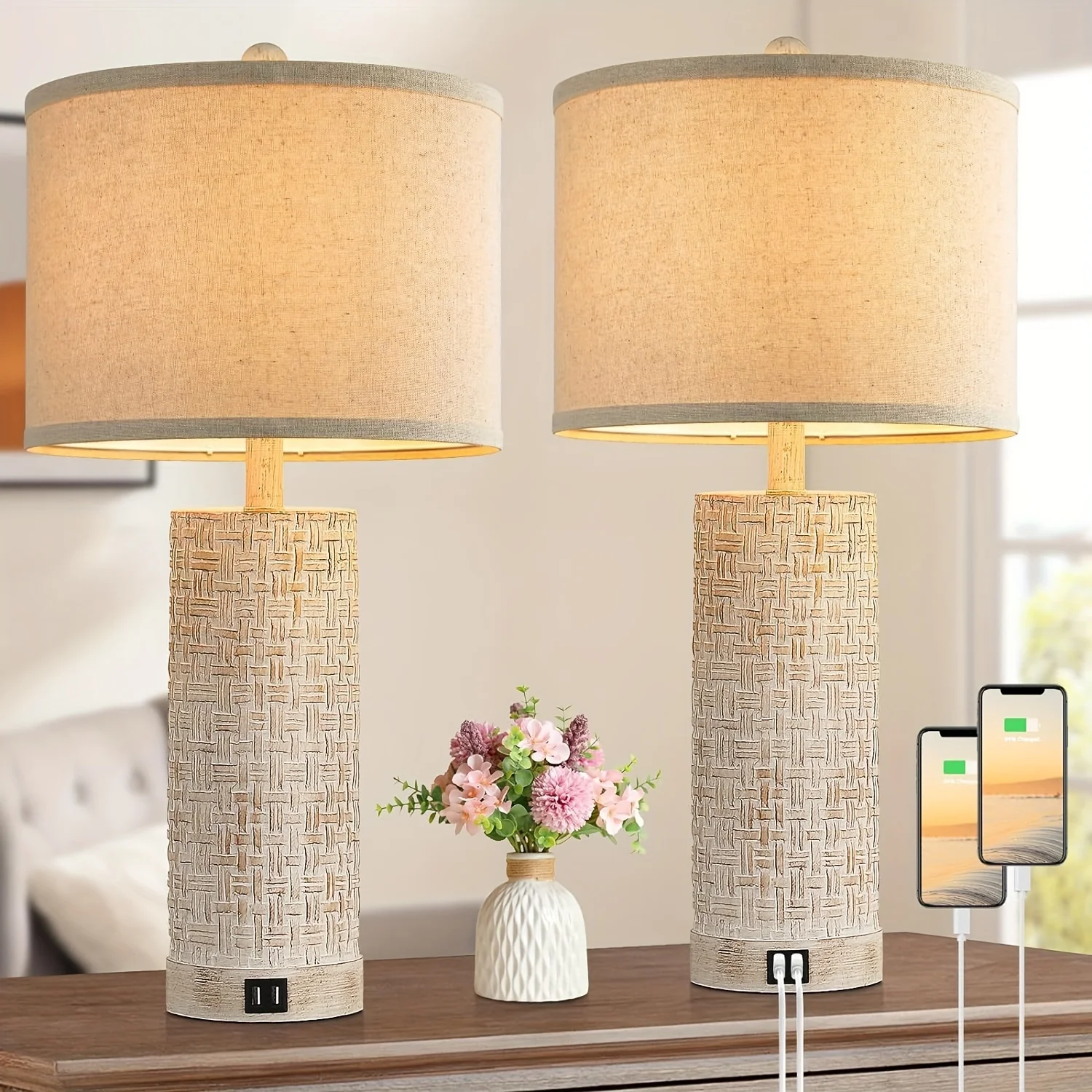 Set of 2 Farmhouse Table Lamps, 26inch  Tall Rustic Nightstand Lamp with with 2 USB Ports, Bedside Lamps with Fabric Shade, Resin Table Lamps with Rotary Switch for Living Room Bedroom Office