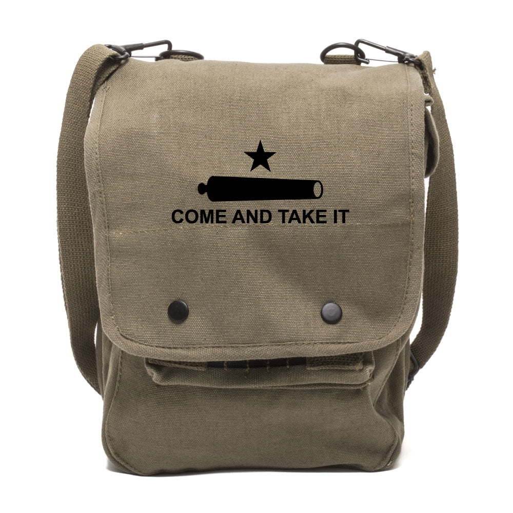 Texas Come And Take It Canvas Crossbody Travel Map Bag Case in Olive & Black