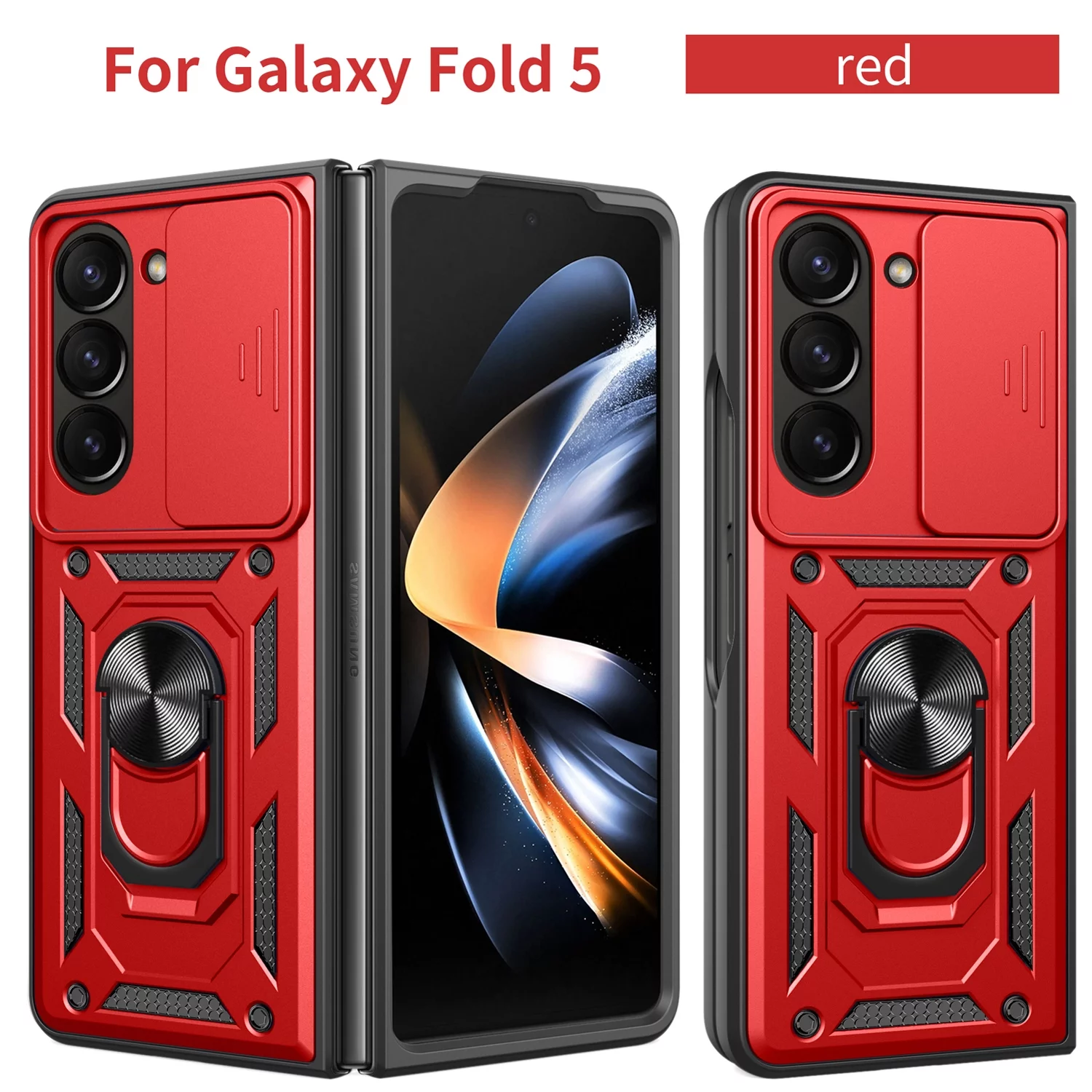 Decase for Samsung Galaxy Z Fold 5 Case with Stand, Slide Lens Cover & Drop Proof & 360°Ring Magnetic Kickstand Military Grade Heavy Duty Protective Case for Galaxy Z Fold 5 5G 2023, Red