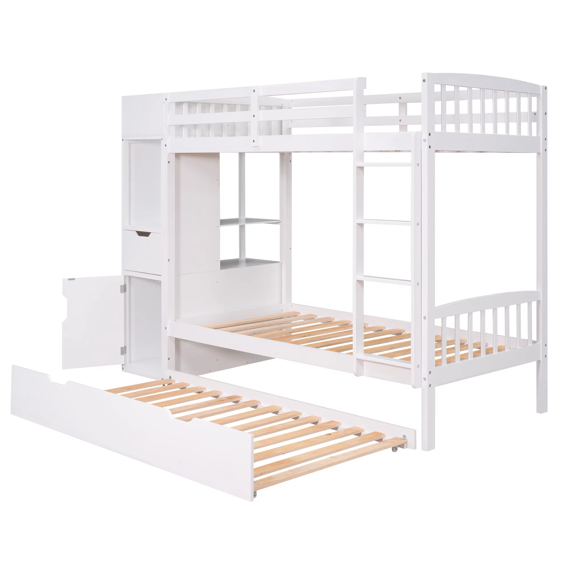 Twin over Twin Bunk Bed with Trundle and Multi-functional Locker, White
