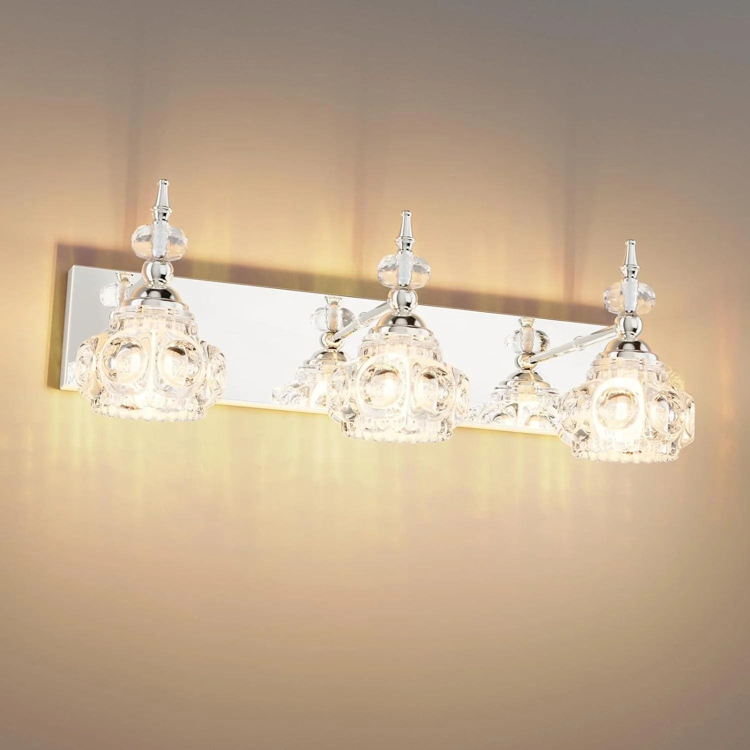 KUANGHENG Modern Bathroom Vanity Lighting Fixtures 3-Lights Industrial Stainless Steel Chrome Finish with Crystal Glass Vanity Lights Farmhouse Bath Lighting(Exclude Bulb)