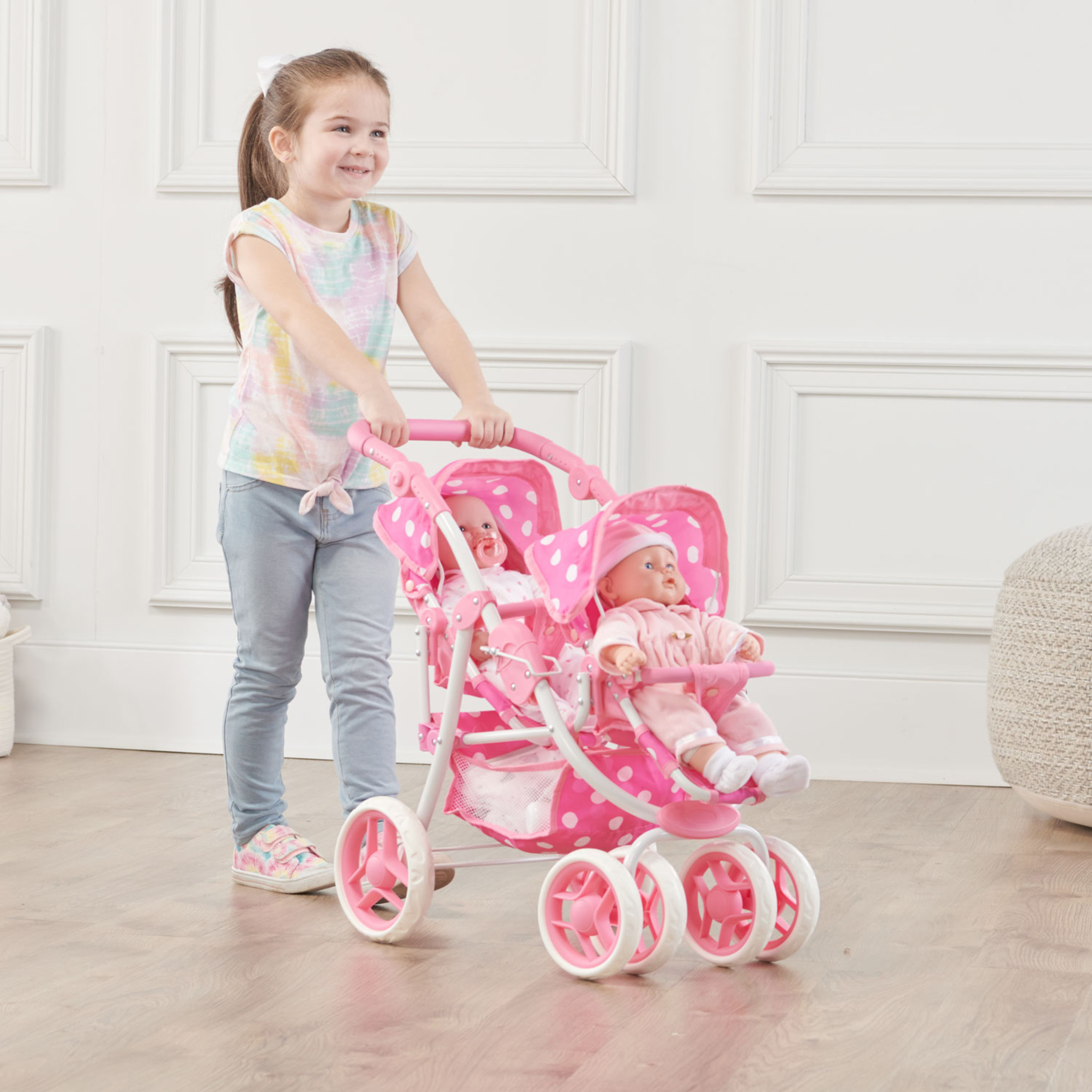 Reversible Double Doll Stroller - Pink/Polka Dots