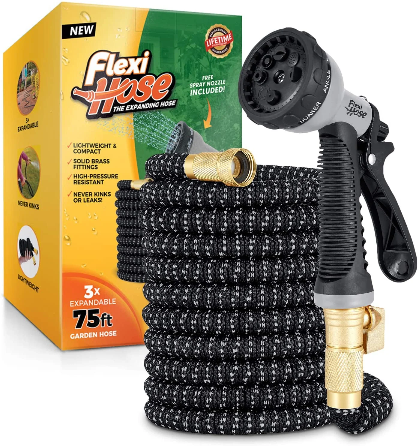 Flexi Hose with 8 Function Nozzle, Lightweight Expandable Garden Hose, No-Kink Flexibility, 3/4 Inch Solid Brass Fittings and Double Latex Core