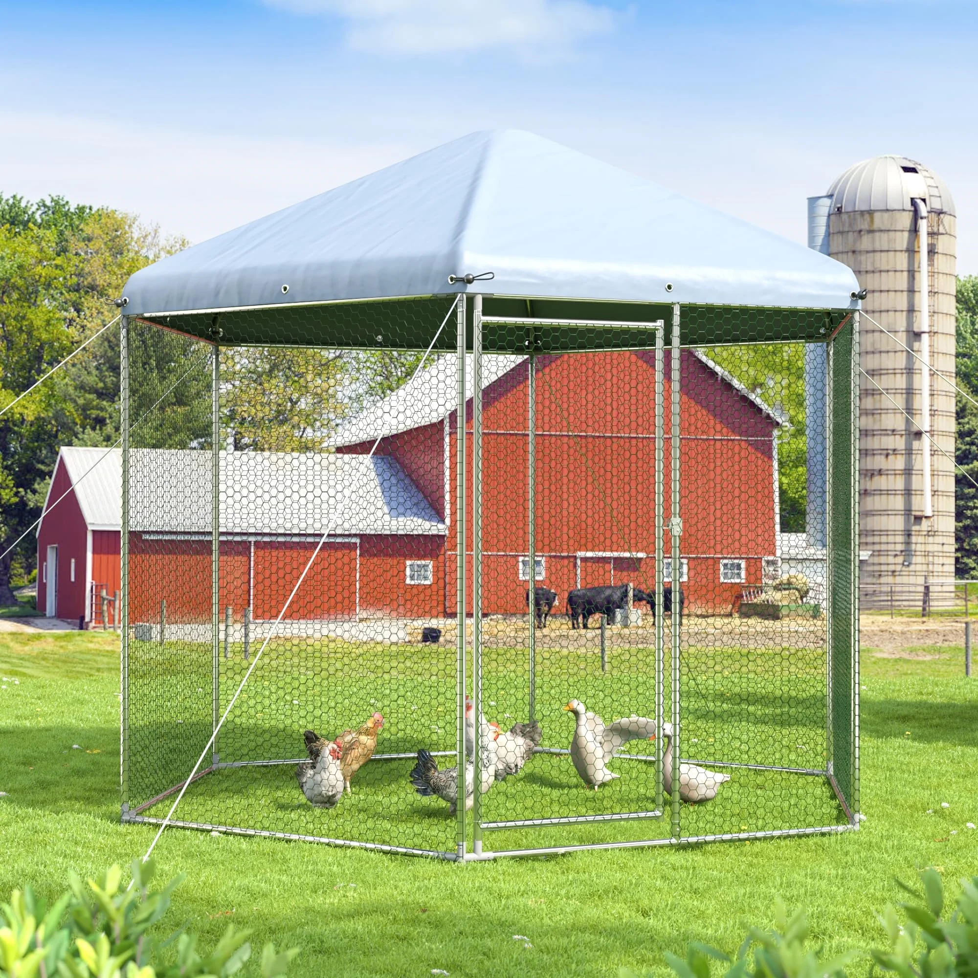 Aukfa Chicken Coop, 9.2 ft Large Chicken Run Cage for Outdoor, Heavy Duty Metal Frame, Hexagonal