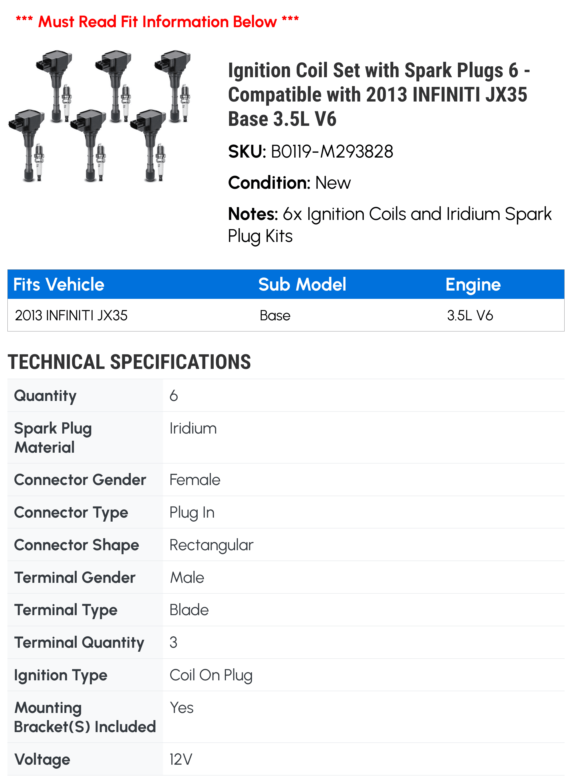 Ignition Coil Set with Spark Plugs 6 - Compatible with 2013 INFINITI JX35 Base 3.5L V6