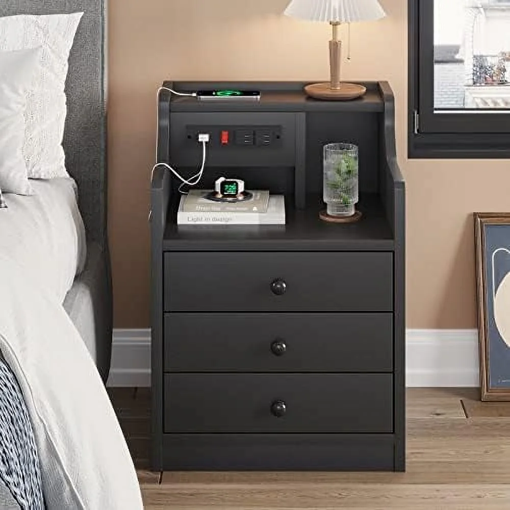 FDSHOIYN Nightstand with Charging Station Black Night Stand for Bedroom End Table with Hutch &  Drawers