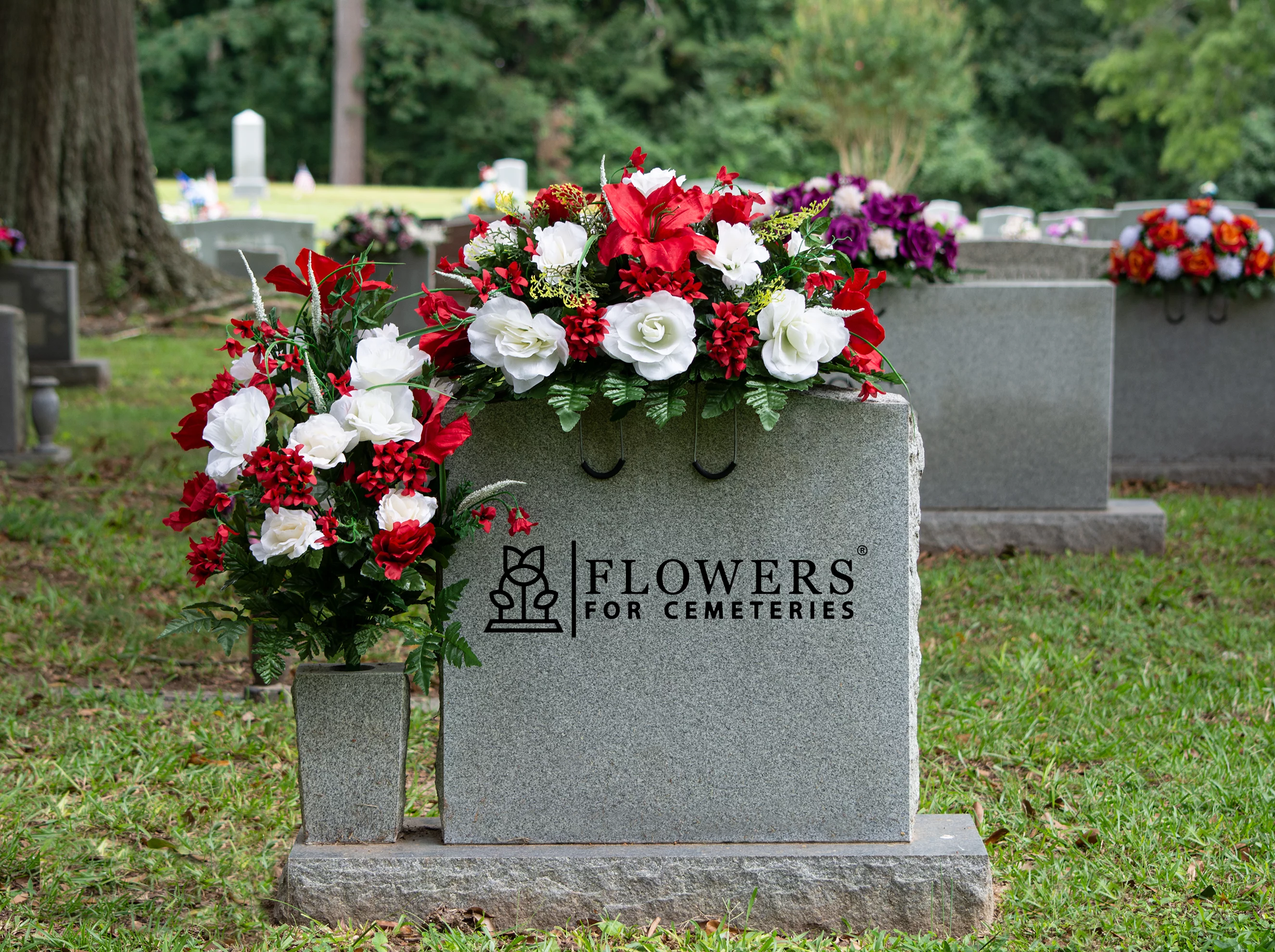 Sympathy Silks Artificial Cemetery Flowers Red Amaryllis White Roses 1 Bouquet & 1 Saddle