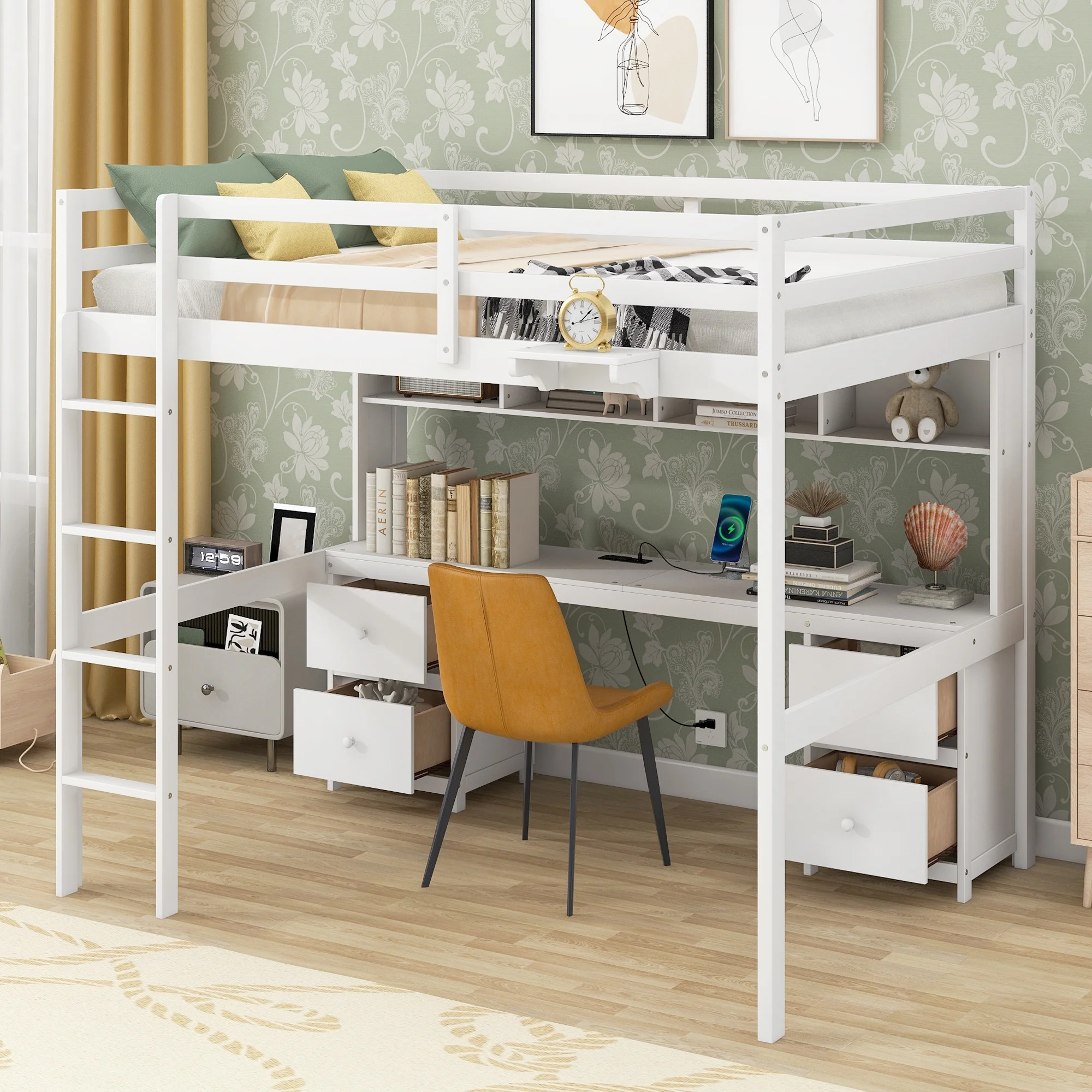 EUROCO Full Size Loft Bed with Desk, Drawers, Shelf and USB Charging Station for Kids Room, White