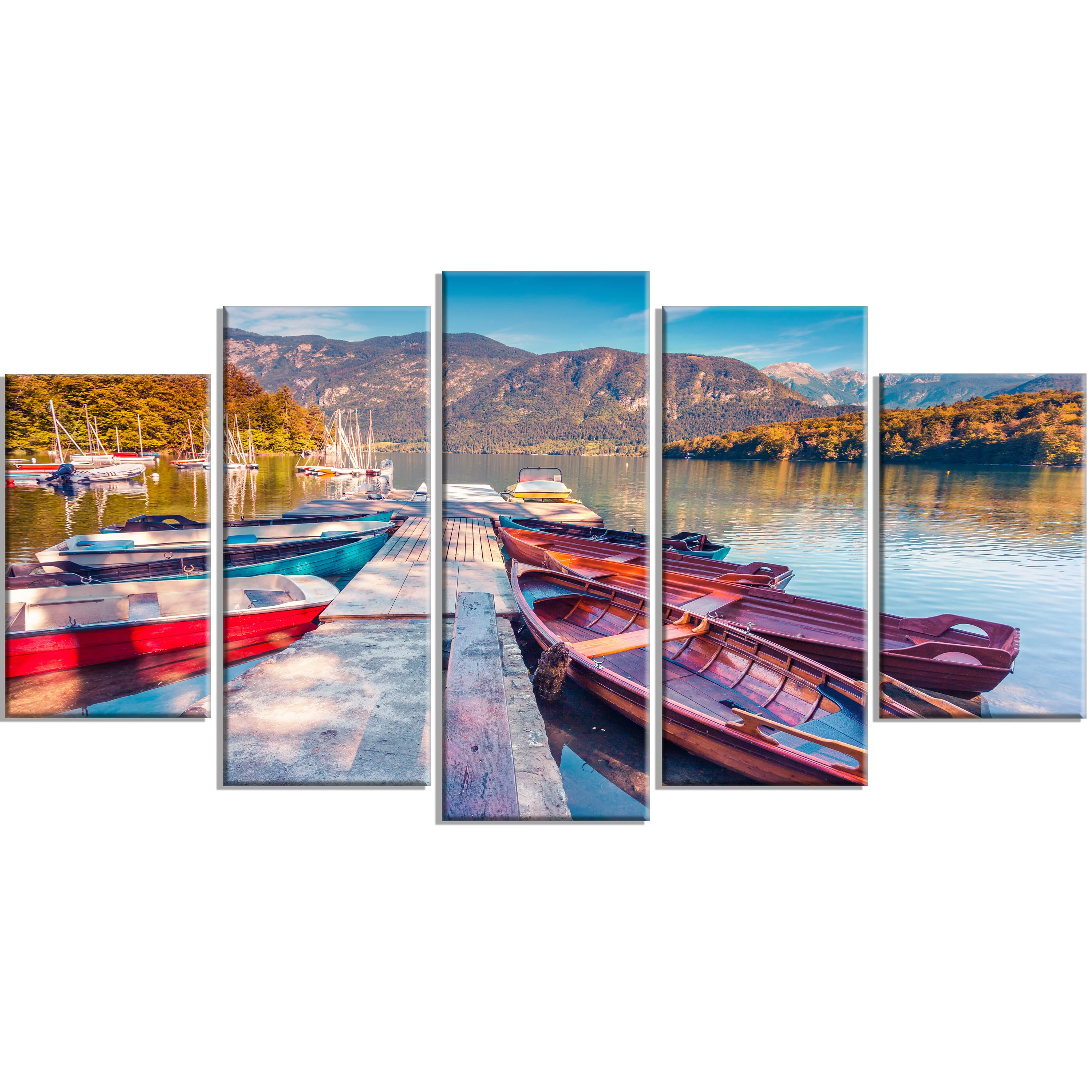 DESIGN ART Bohinj Lake in Morning - Landscape Large Wall Art 60 in. wide x 32 in. high - 5 Panels Diamond Shape
