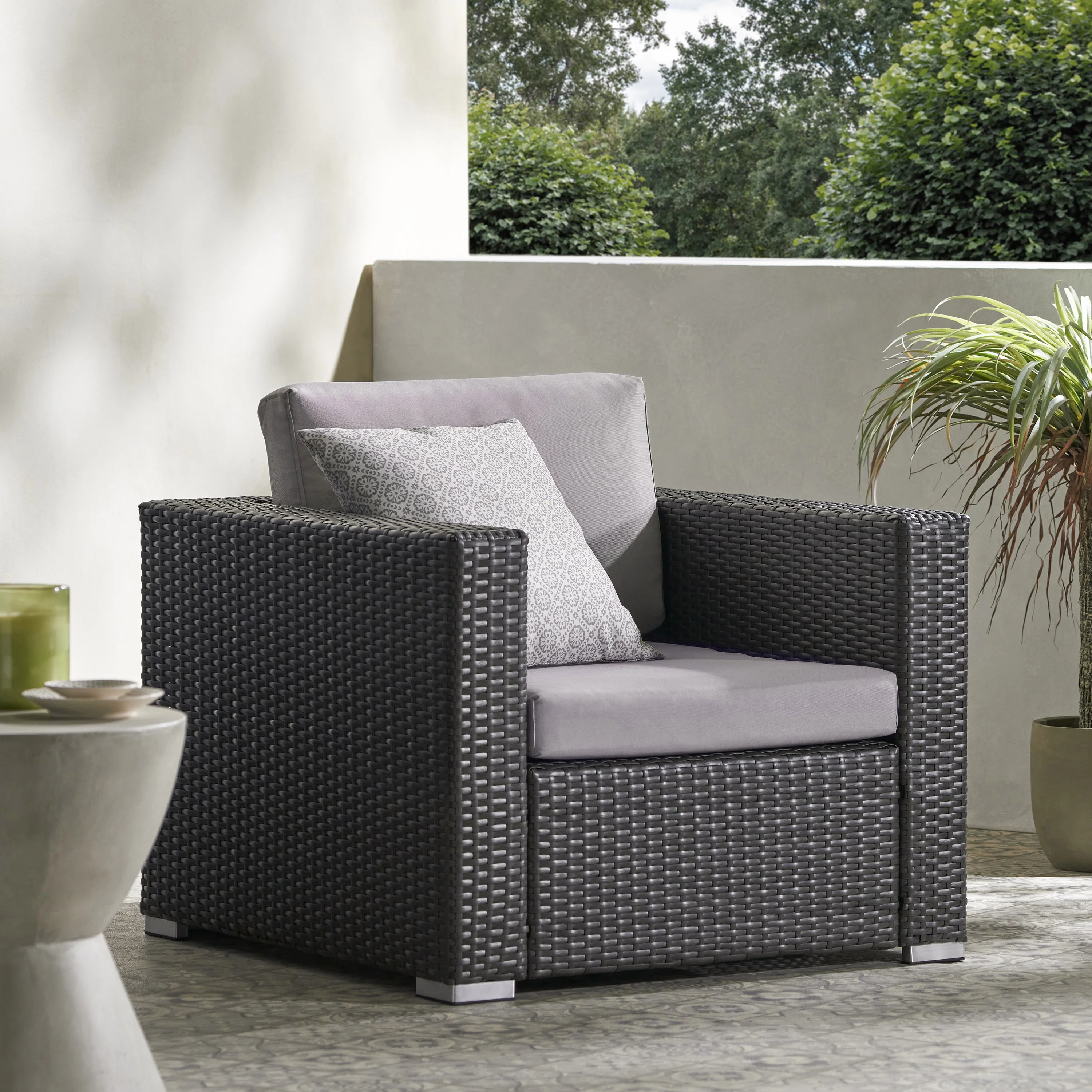 GDF Studio Avianna Outdoor Wicker Club Chair with Cushions, Gray, Light Gray