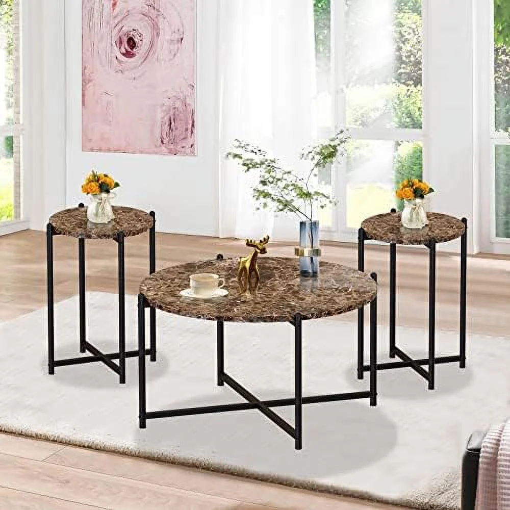 TQNJYGX Coffee Table Set of 3  Faux Marble Coffee Table & 2pcs End Table with Metal Frame Sofa Side Tables for Living Room  Office  Apartment