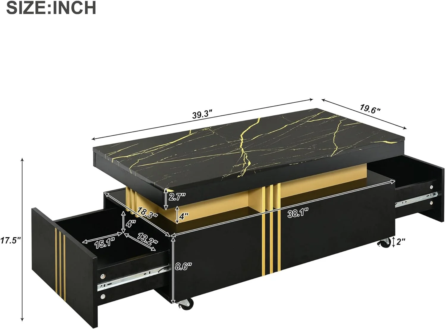 Coffee Table With Faux Marble Top, Rectangle Center Table With 2 Drawers & Caster Wheels, Luxury Cocktail Table With Metal Bars For Living Room (Black)