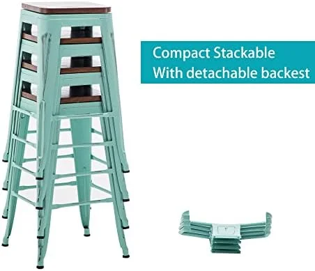 HBBOOMLIFE Stool Metal  Stools Set of 4 Industrial Counter Height  Stools White  Distressed Swivel  Stools with Back and Wooden Seat 26"  Stools Counter Height