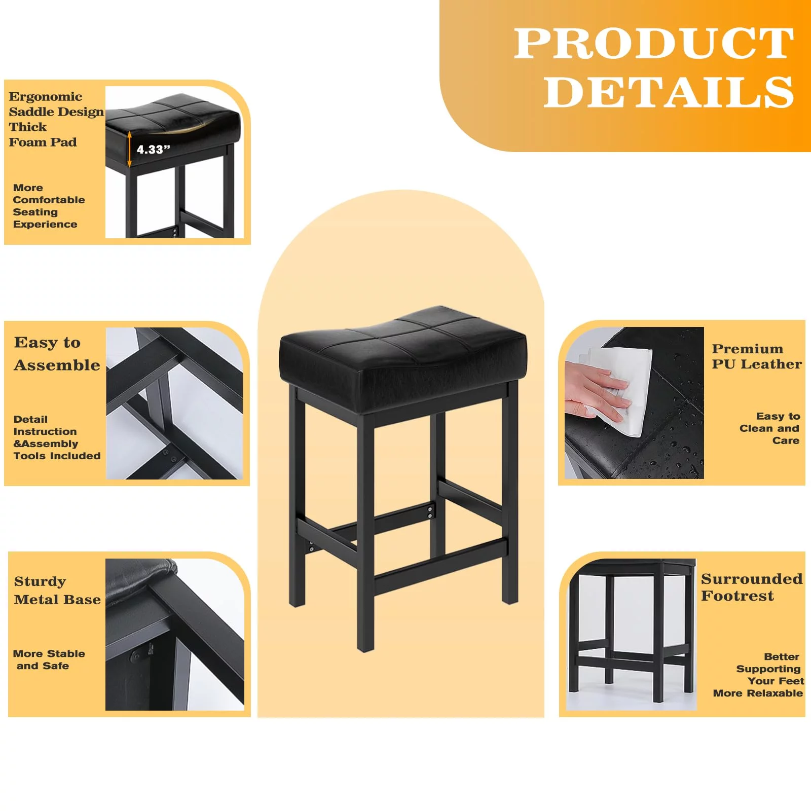 Relefree Bar Stools Set of 2, Counter Height Backless Saddle Stool, Bar Chairs Kitchen Stools with Footrest, Black