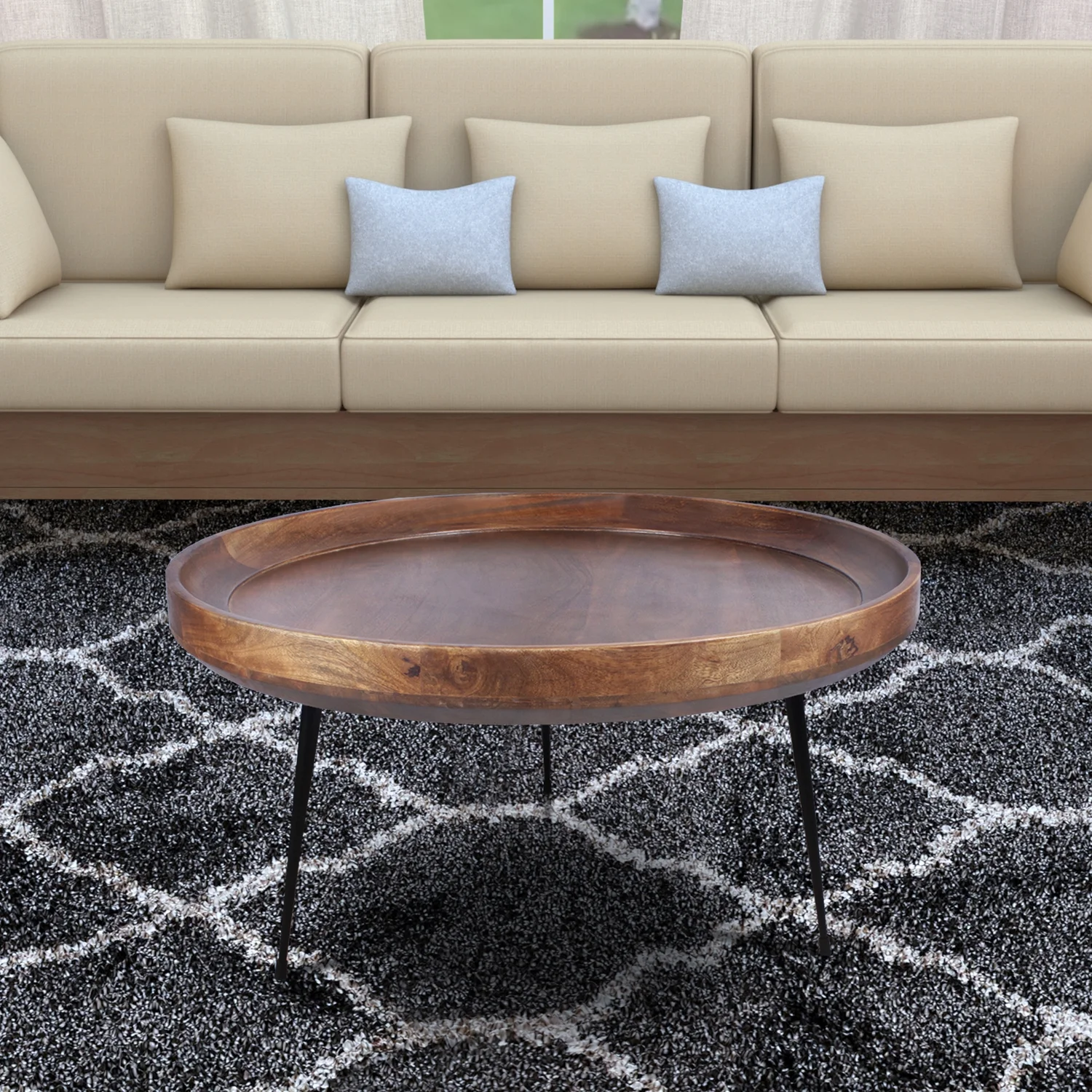 Maykoosh Lakefront Luxury Round Mango Wood Coffee Table With Splayed Metal Legs, Brown And Black