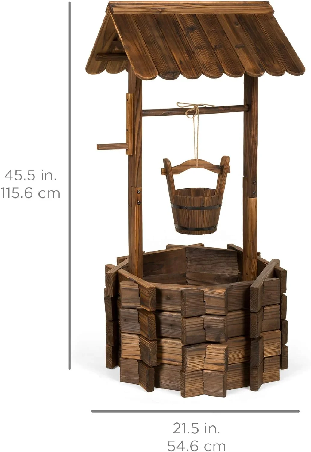 Rustic Wooden Wishing Well Planter Outdoor Home Decor for Patio, Garden, Yard with Hanging Bucket