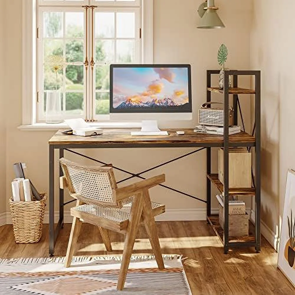 HYHBIBOOM Computer Desk with Shelves - 47 Inch Small Space Home Office Desks with Bookshelf for Study Writing and Work - Plenty Leg Room and Easy Assemble  Grained Black