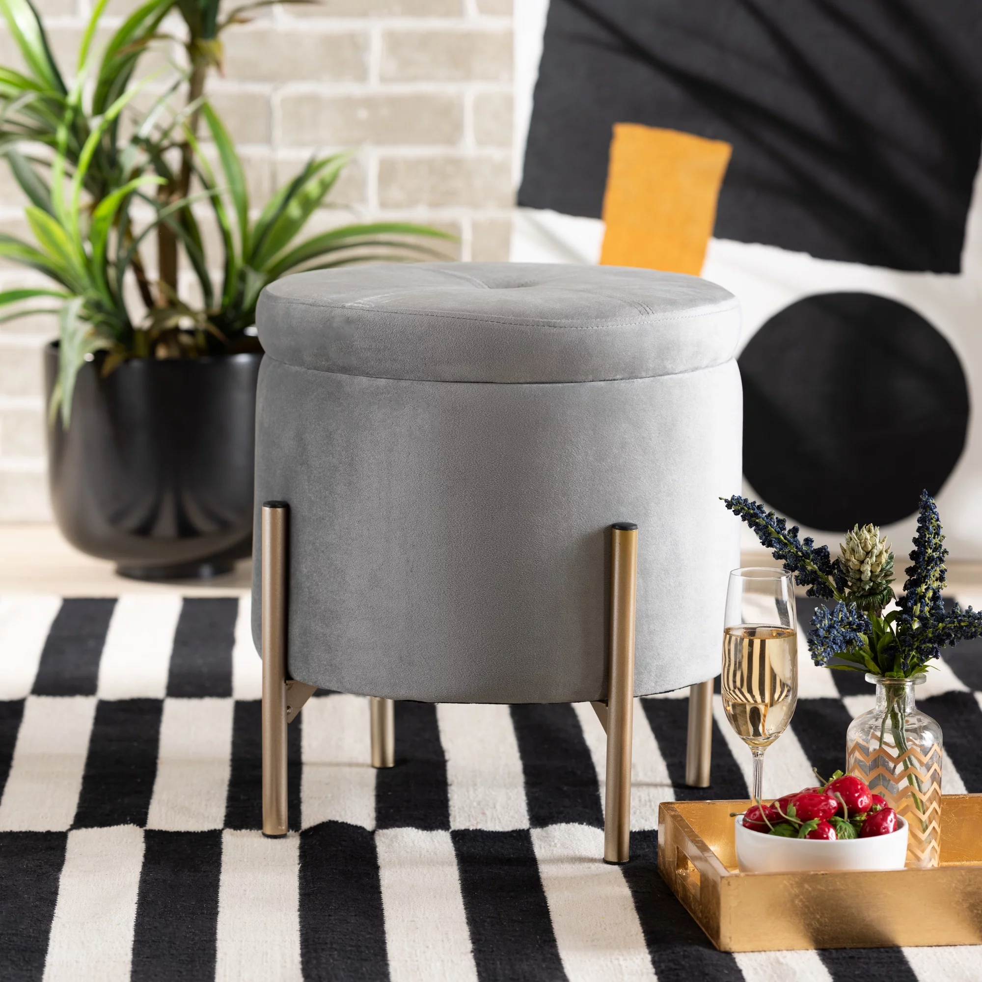 Baxton Studio Malina Contemporary Glam and Luxe Grey Velvet Fabric Upholstered and Gold Finished Metal Storage Ottoman