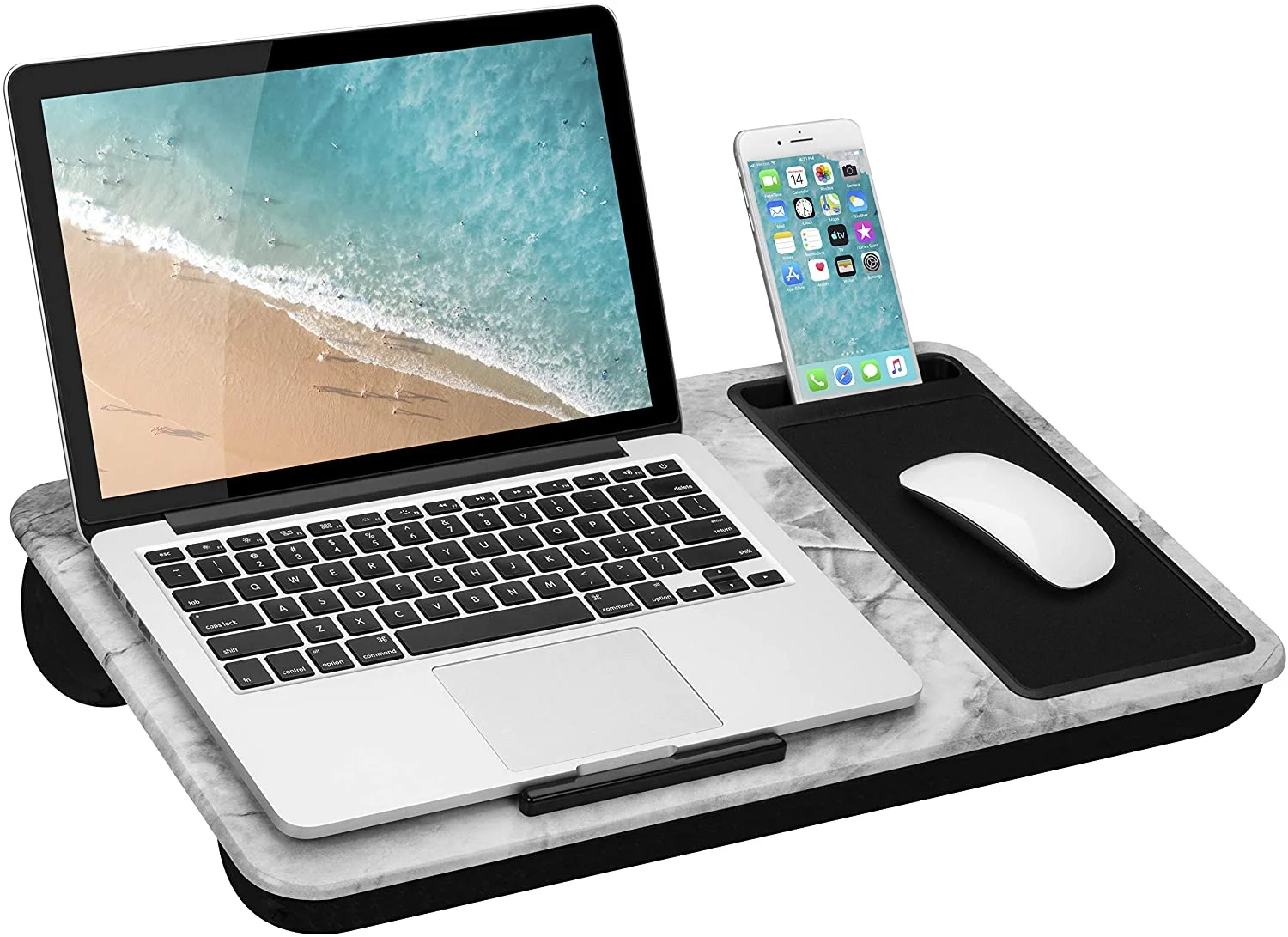 LapGear Home Office Lap Desk with Device Ledge, Mouse Pad, and Phone Holder - White Marble - Fits up to 15.6 Inch Laptops - Style No. 91501