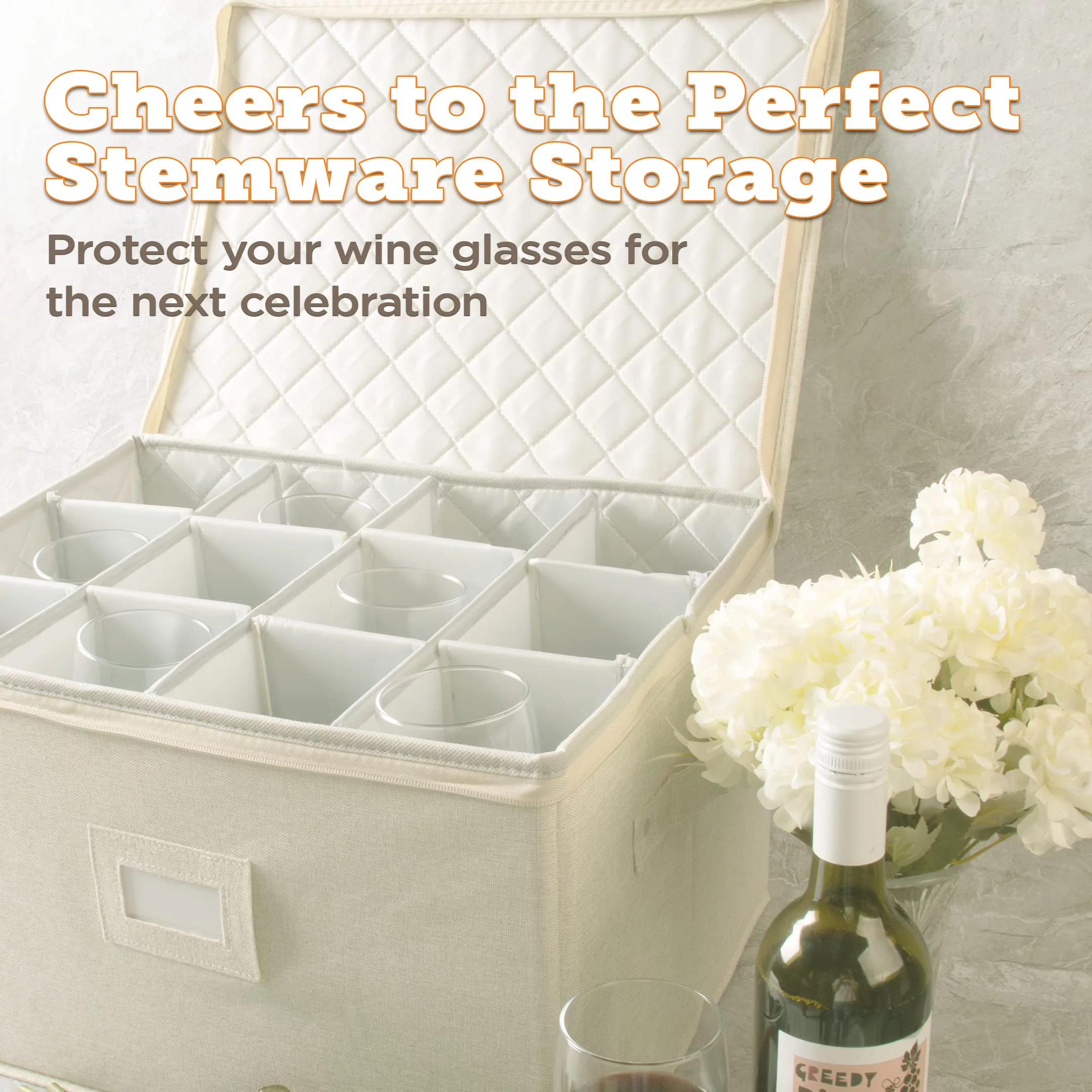 storageLAB Kitchen Organization Wine Glass Storage Box - Quilted, Hard Case Stackable Stemware Storage Cases with Dividers, Double Zippers and Label Holder Windows- Holds 12 Wine Glasses - Cream