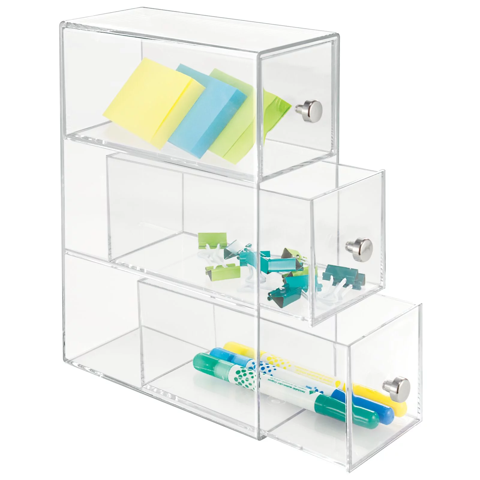 mDesign Plastic Stackable Desktop Storage Tower for Office, 3 Drawers, Clear