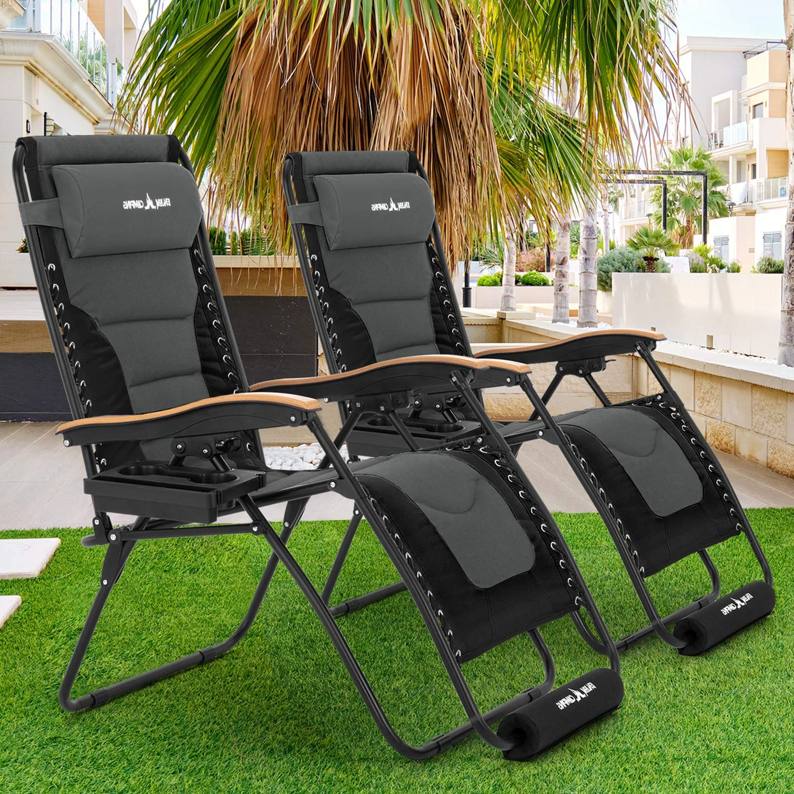 Amopatio Zero Gravity Chair Set of 2 XL 30In Oversized Outdoor Anti Gravity Chairs Patio Lounge Folding Adjustable Chair with Cup Holder Foot Pad & Padded Headrest, Support 500lbs