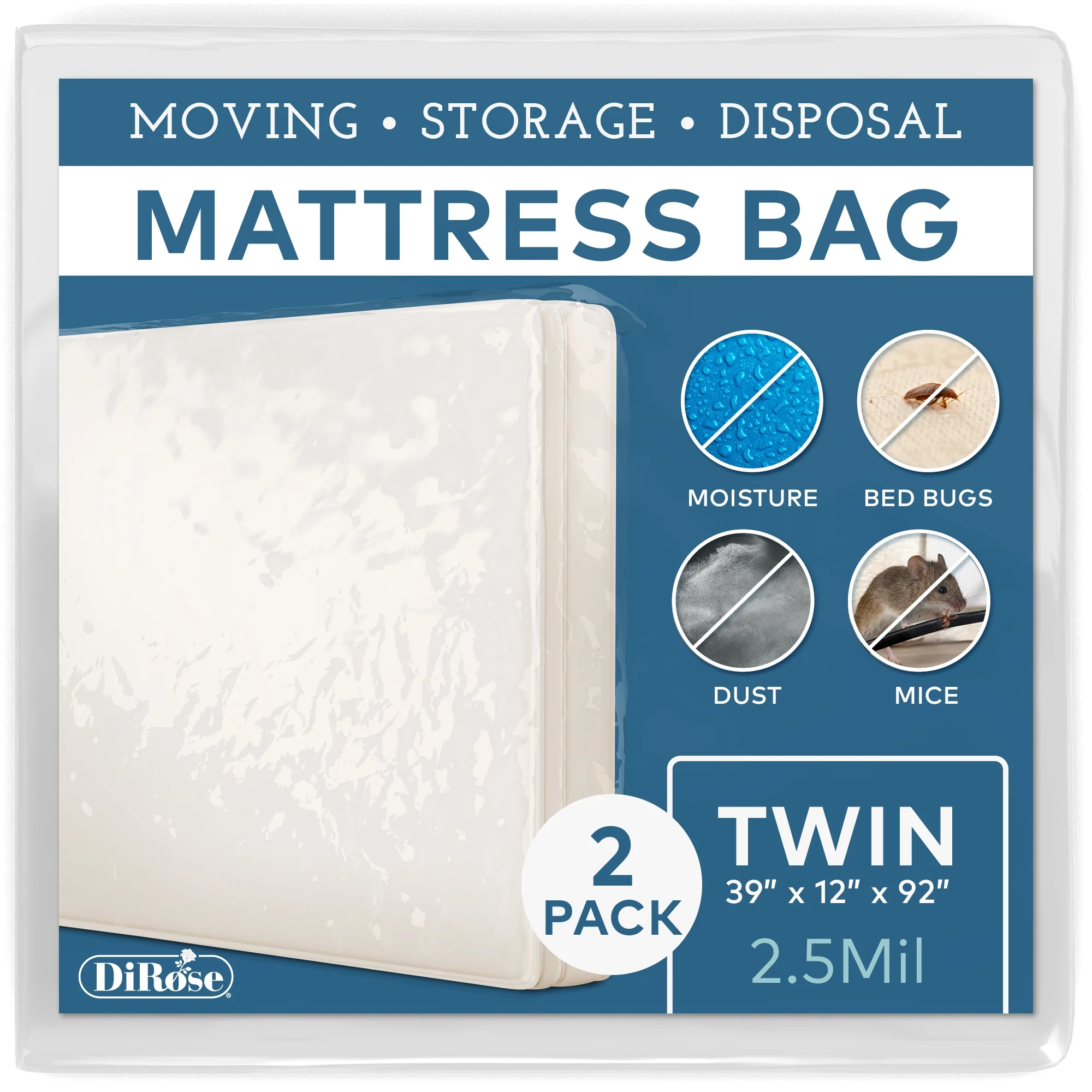 Mattress Storage Bag - 2pk Twin Size Thick Plastic Moving Cover, Transport, Disposal and Protector - 2.5 mil Heavy Duty Reusable Clear Waterproof Mattress Protector Encasement by DiRose