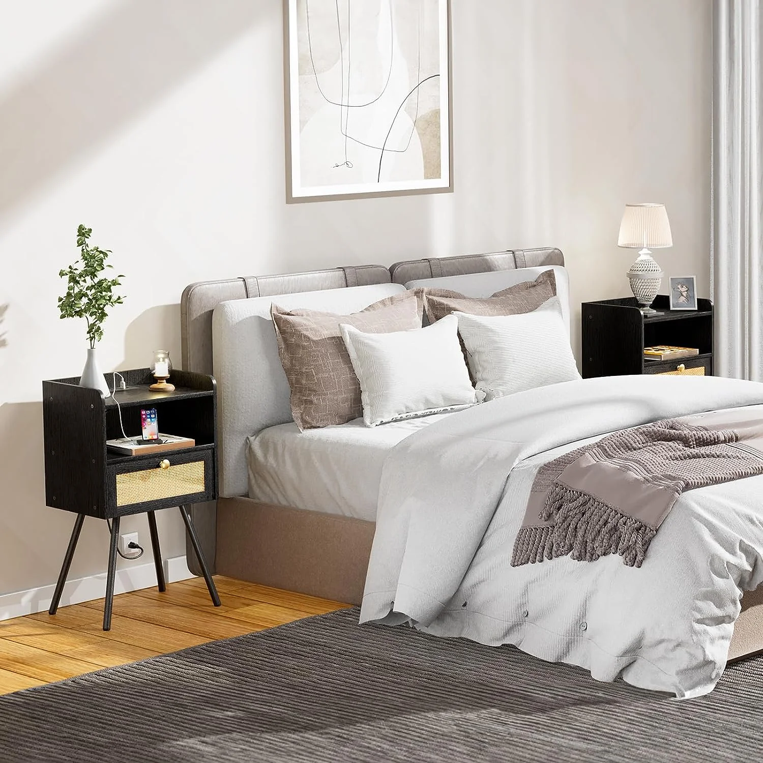 HOOBRO Set of 2 Nightstand Modern End Table Flip-Down Drawer Rattan Bedroom Office Study Room Black BB92UBZP201