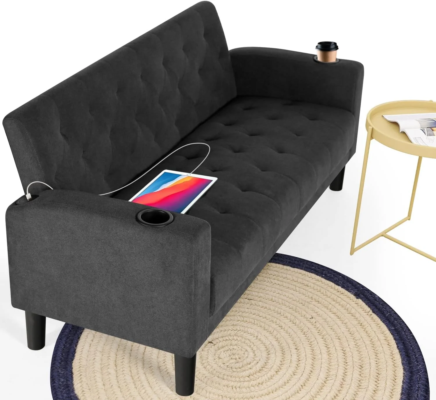 LAZZO 62''W Mid-Century Modern Tufted Loveseat 2 Seater Sofa w/ 2 USB Charger Ports and Cupholders, Black