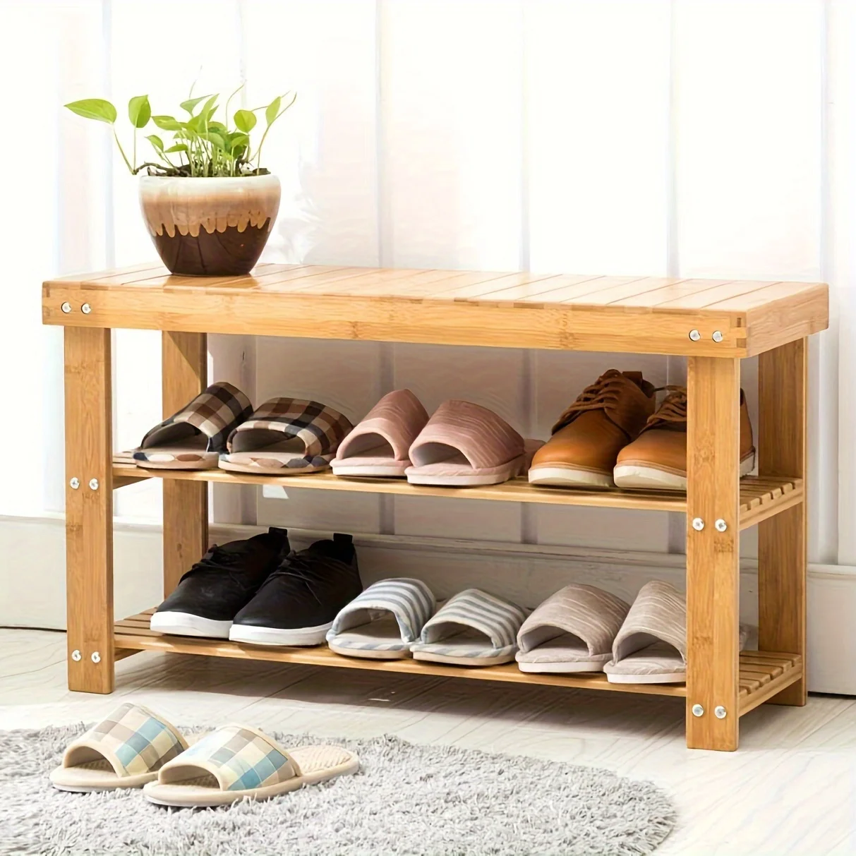Bamboo Shoe Bench 2-Tier Boot Storage Racks Shelf Organizer Chair Seat for Entryway Hallway Living Room