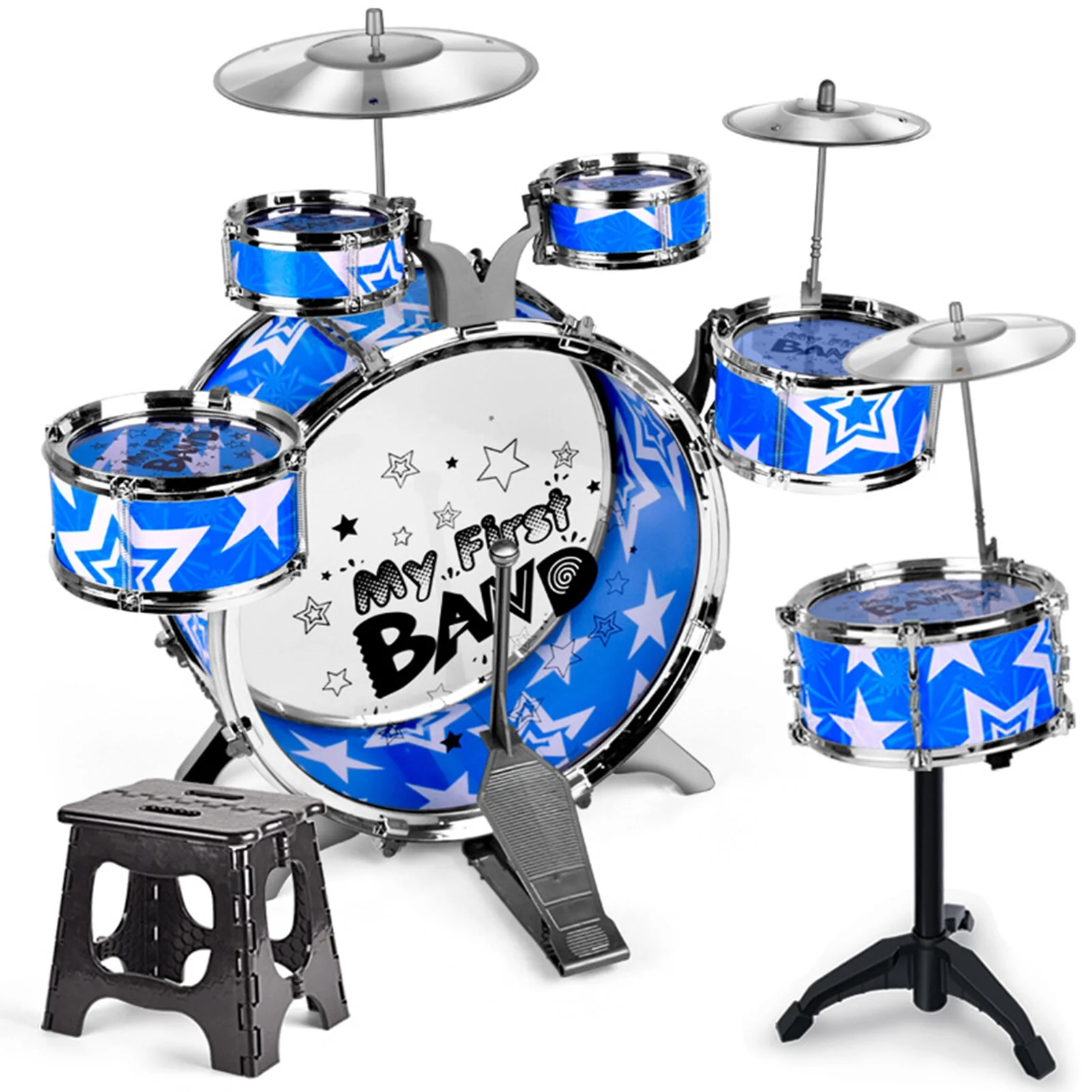6-Piece Kids Drum Set Drum Kit Jazz Drum Set with Folding Step Stool Cymbal Pedal Drumsticks Percussion Musical Instrument for Kids Children Junior Beginners