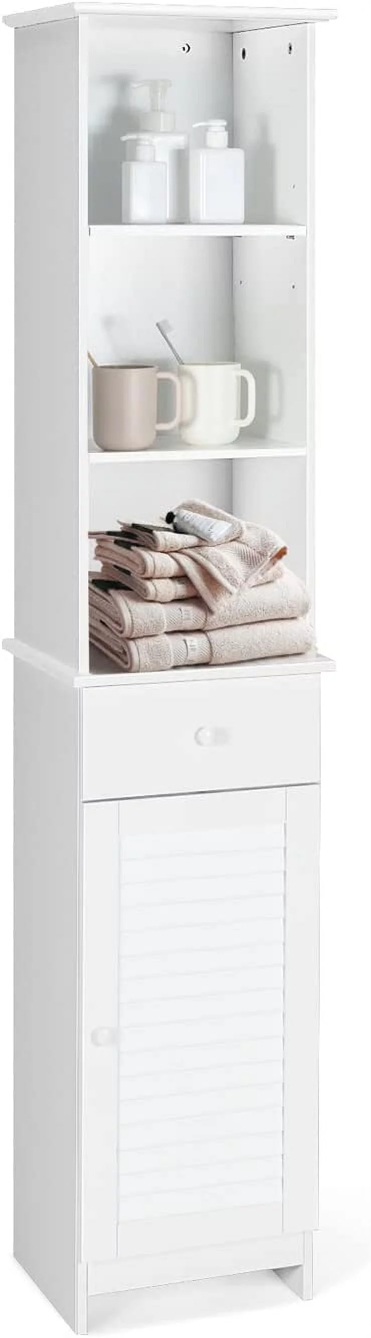 64” Tall Storage Cabinet, Slim Bathroom Cabinet with Adjustable Shelves, Drawer, Freestanding Floor Storage Cabinet for Bathroom Living Room Kitchen, White