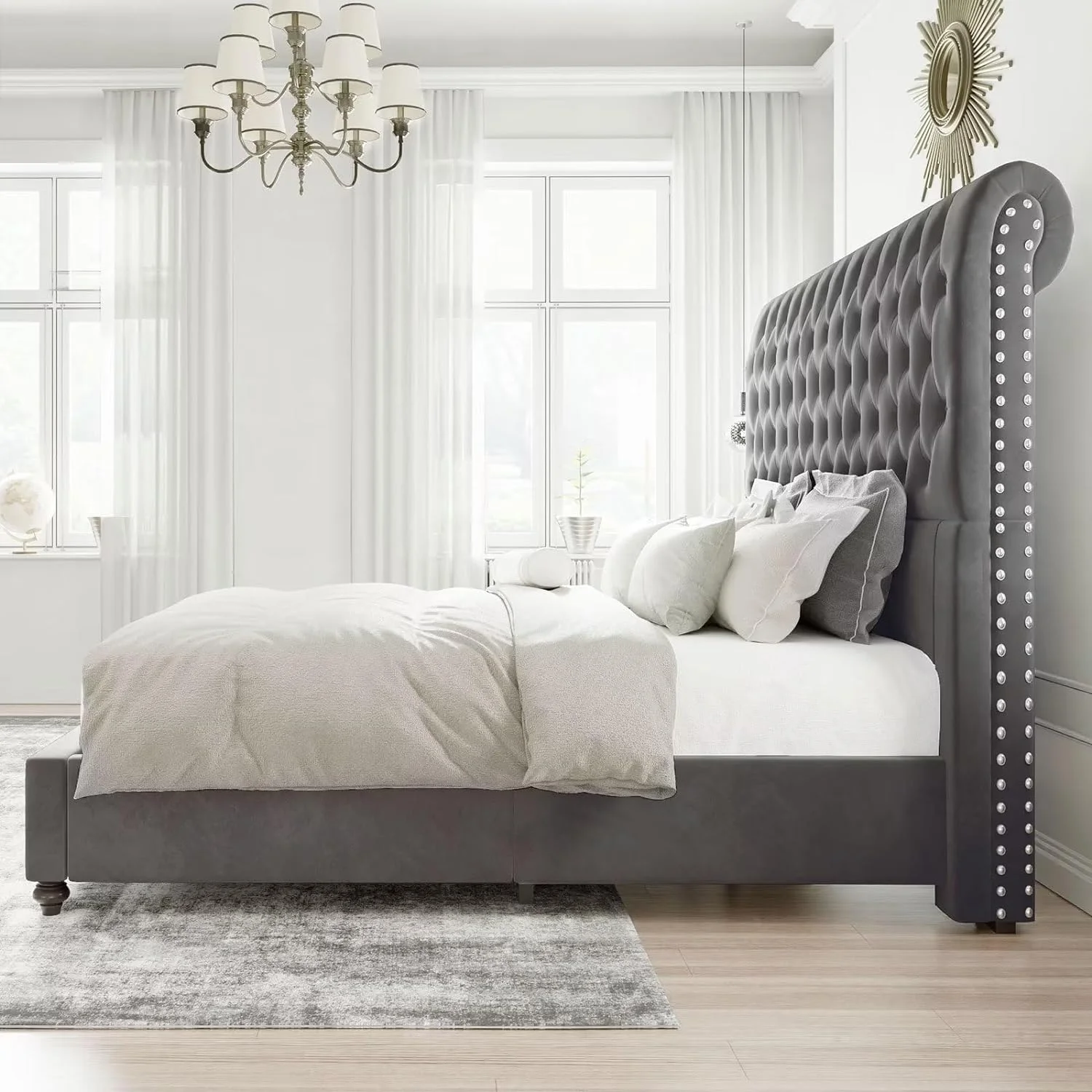 Jocisland Queen Bed Frame Sleigh Headboard Velvet Tufted Gray