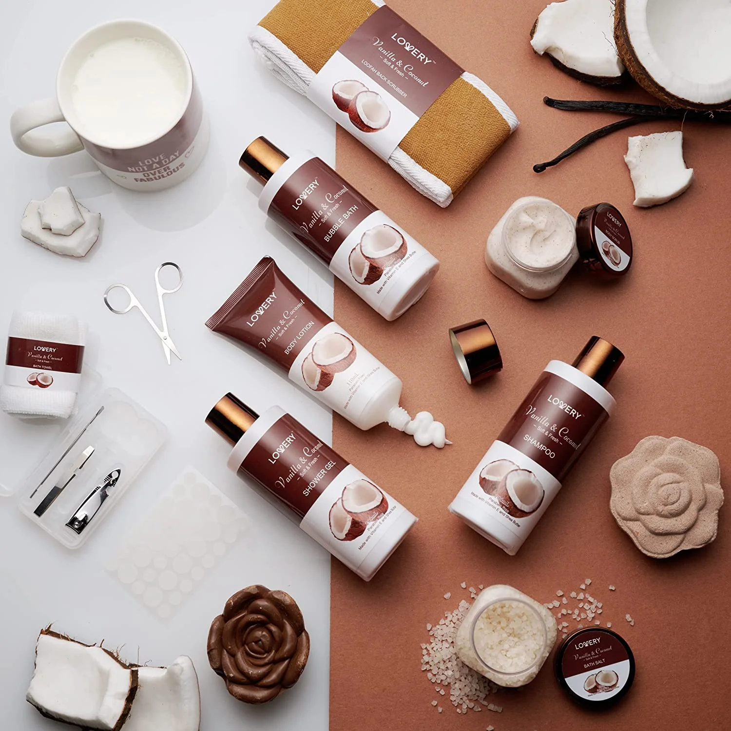 Mothers Day Mens Gifts, Coconut Bath Gift Set & Shower Gift Basket, Gifts for Dad, 20pc Spa Kit for Men. Personal Self Care Kit, Dad Birthday Gift, Best Office Gifts with Mug, Bath Bomb, Lotion & More