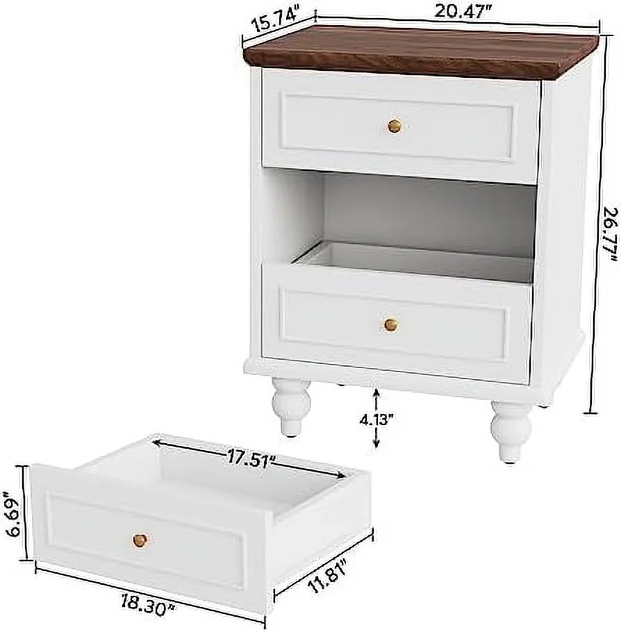 GEROBOOM White Nightstands   3-Drawer Bedside Table Night Stands with Solid Wood Legs  Mid Century Modern Wooden Side End Table for Bedrooms  Living Room (2)