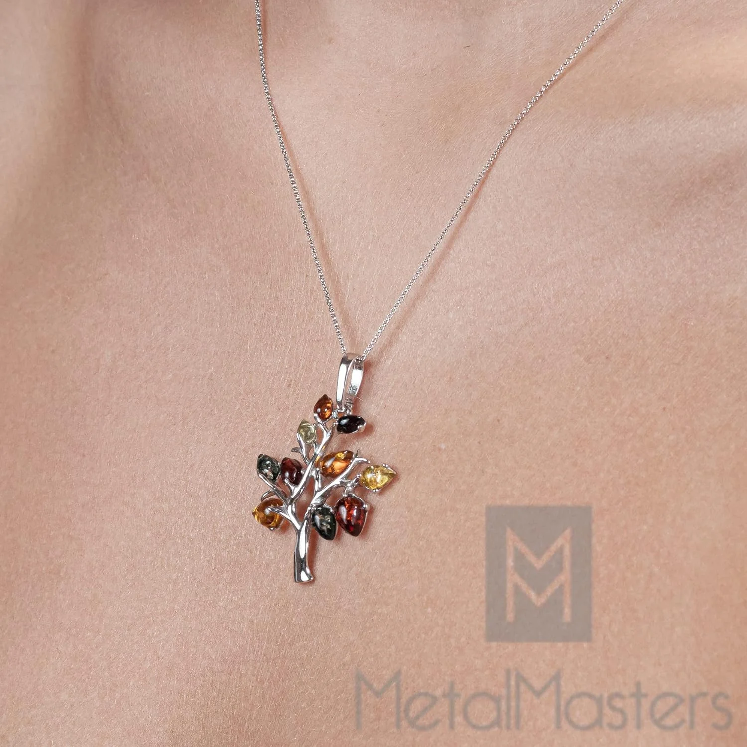 Baltic Amber Tree Of Life Sterling Silver Pendant Necklace Multi-Color 18