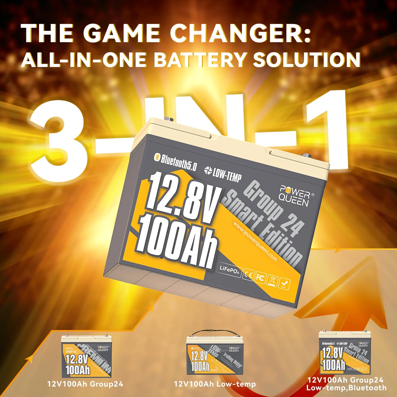 Power Queen 12V 100Ah Smart Bluetooth Group 24 LiFePO4 Battery Low Temp Protection Lithium Batteries for Solar RV Marine Trolling Motor Off-grid