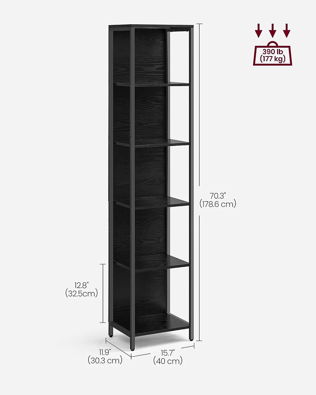 6-Tier LED Bookshelf, Display Shelf with Dimmable Lights, LED Bookcase with Steel Frame, 11.9 x 15.7 x 70.3 Inches, for Living Room, Bedroom, Office, Black with Wood Grain ULLS121B56