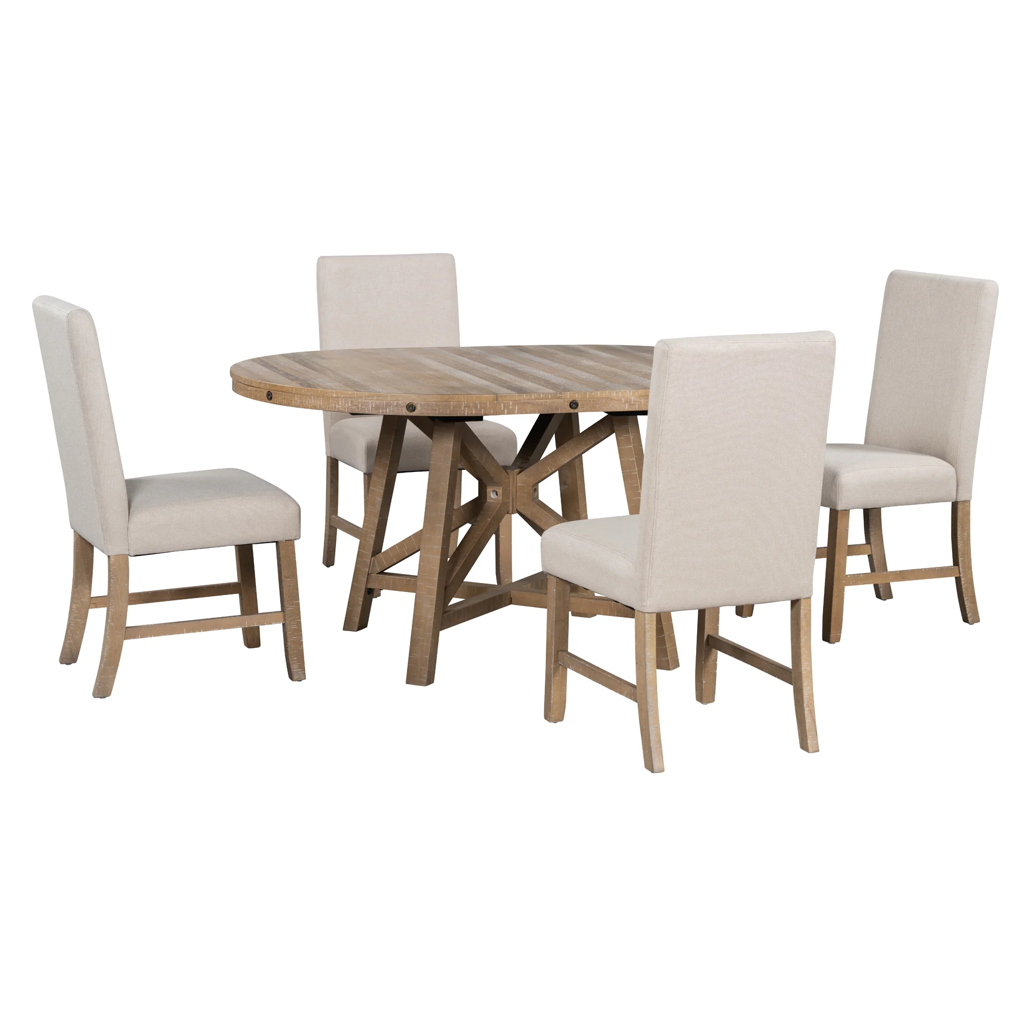 TREXM 5-Piece Retro Dining Set with Extendable Round Table, Removable Middle Leaf, and 4 Upholstered Chairs - Natural Wood Wash