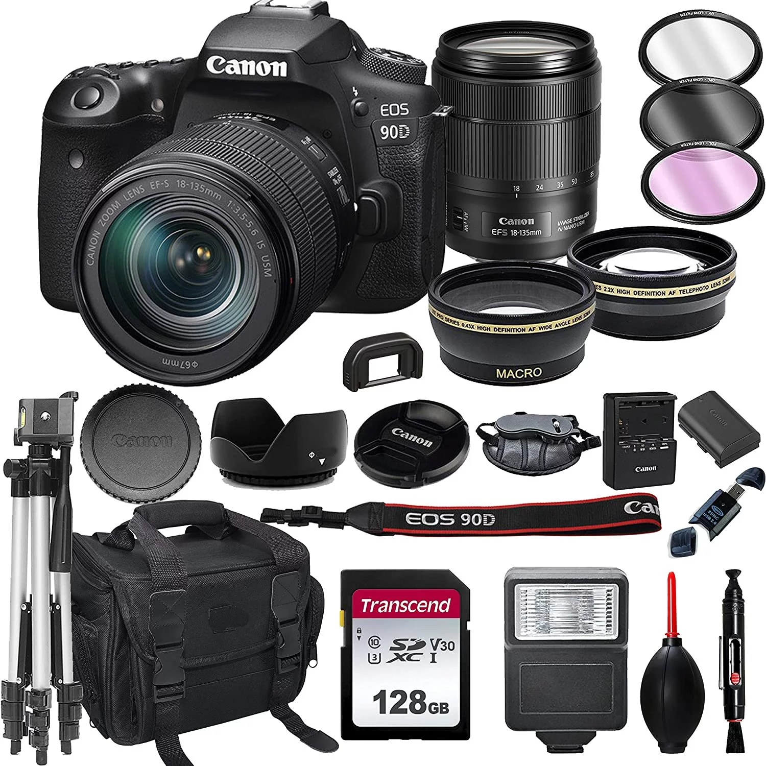 Canon EOS 90D DSLR Camera with 18-135mm USM Lens+ 128GB Card, Tripod, Case, and More 22pc Bundle