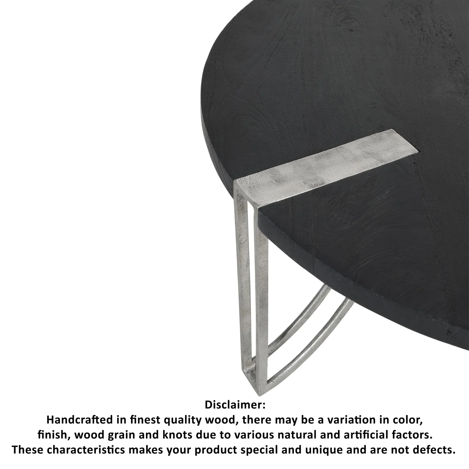 Maykoosh 35 Inch Round Coffee Table, Sandblasted Matte Black Mango Wood Top, Curved Aluminium Legs, Renaissance Revival Silver