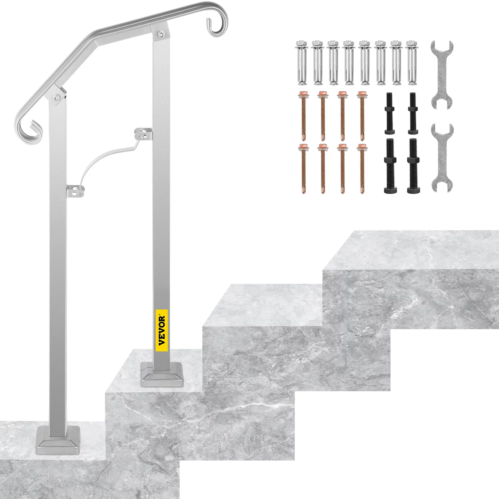 VEVOR Outdoor Stair Railing, Adjustable Alloy Metal Hand Railing, Fit 1 or 2 Steps Flexible Transitional Handrail, Silver