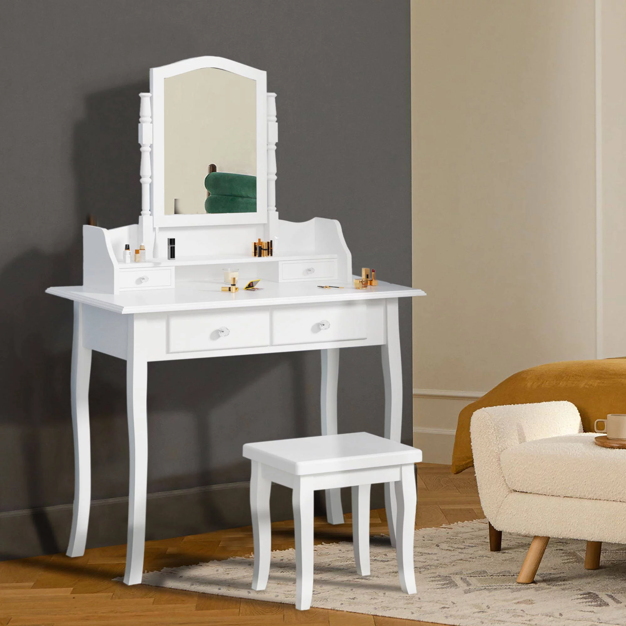 Ufurpie White Dressing Table for Bedroom，Small Corner Vanity Table and Stool Set ，Wood Makeup Desk with 4 Drawers & Mirror，for Girls &Women
