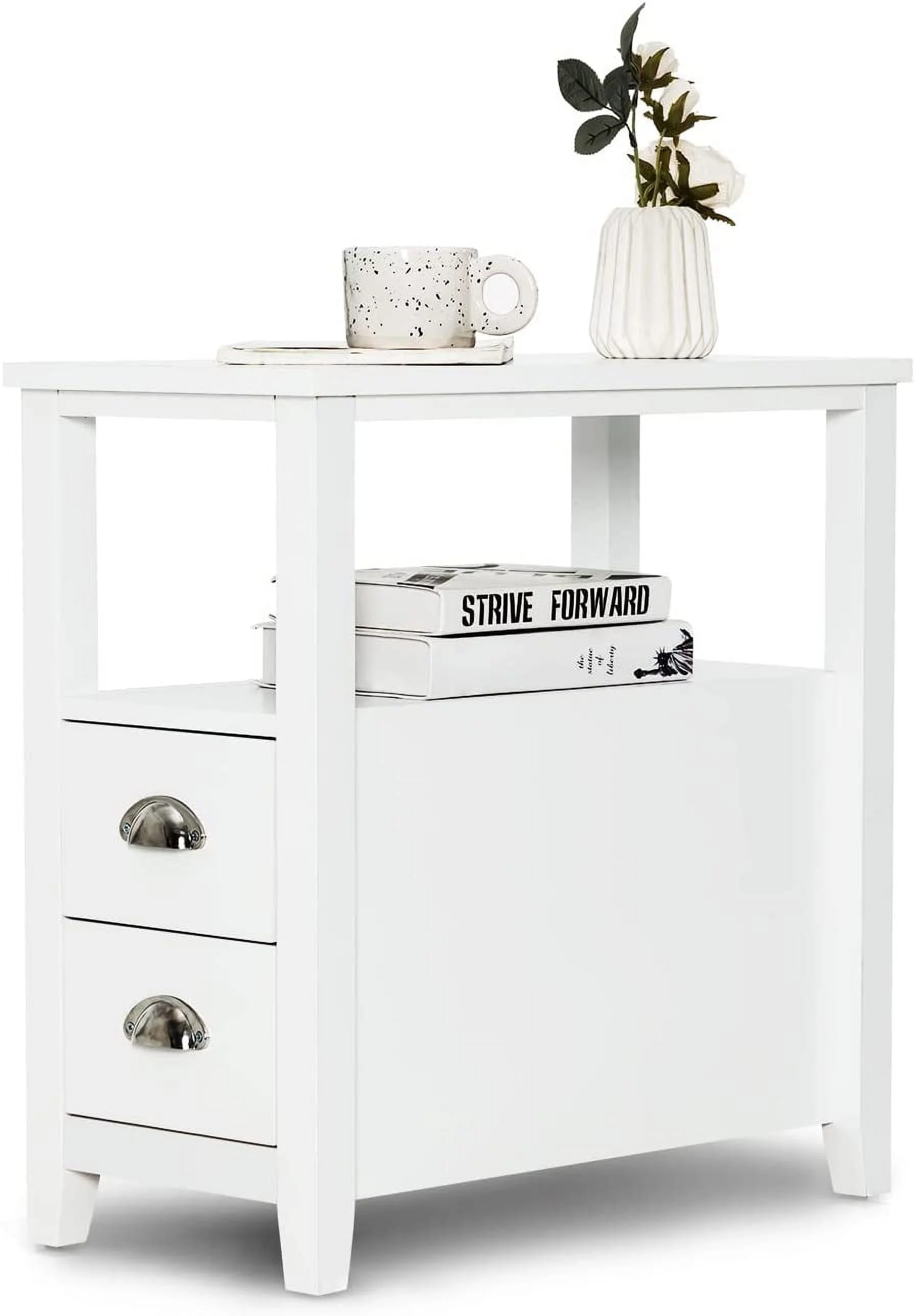 End Table Wooden W/ 2 Drawers and Shelf Space-Saving Rectangular Bedside Table with Metal Handle, Retro Side Table for Living Room Bedroom Home Furniture Side Table (1, White)