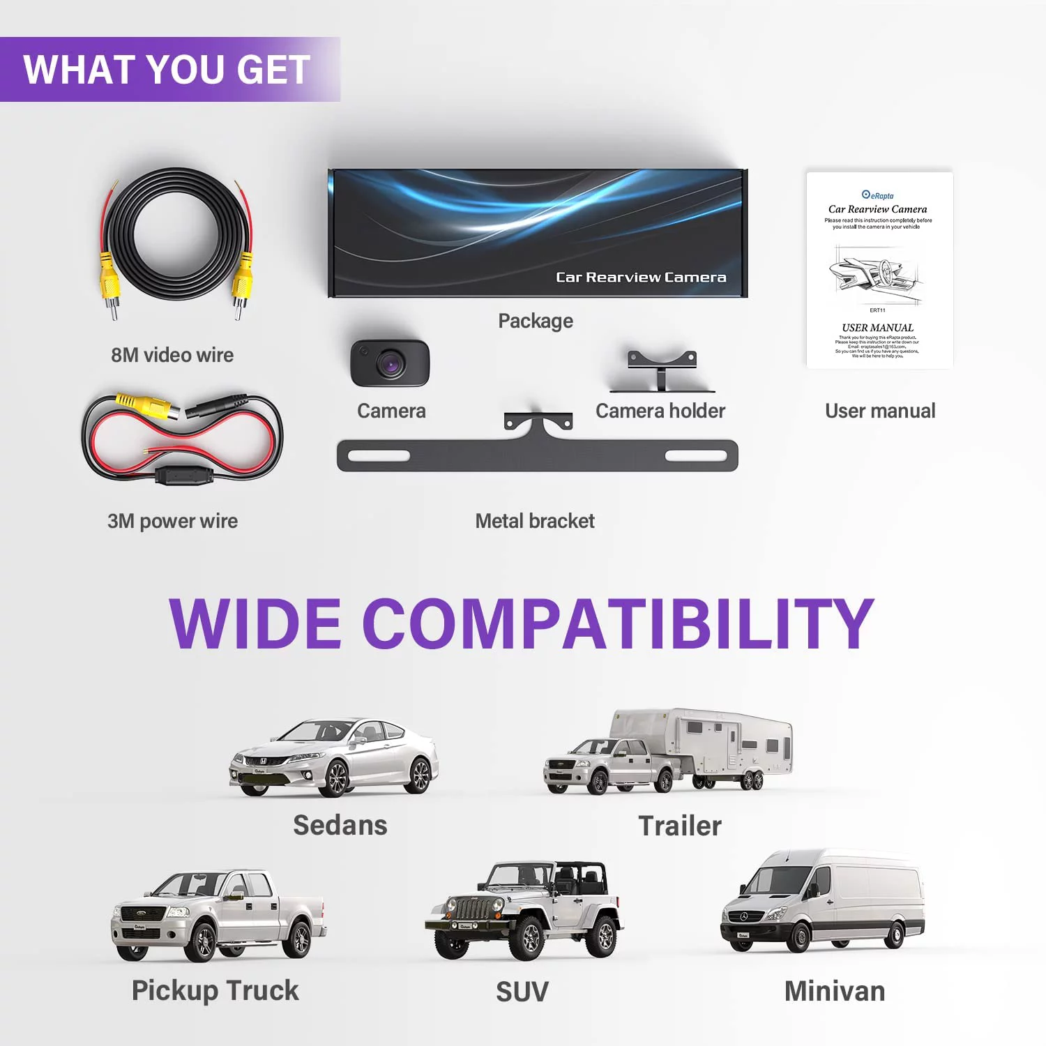 eRapta ERT11 Backup Camera, Rear View Reverse Camera for Car Truck Pickup SUV RV Van HD License Plate Front Rear Camera