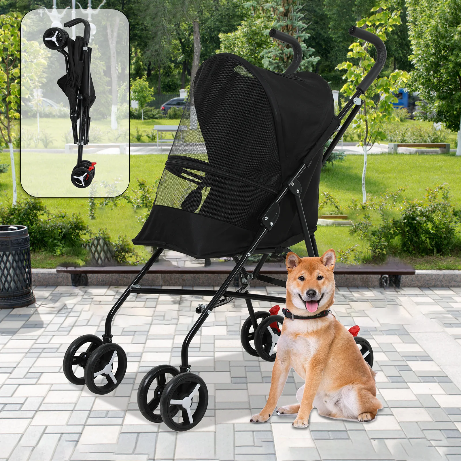 Dkelincs 4 Wheels Foldable Pet Stroller Dog Cat Stroller with Handlebars Breathable Mesh & Leash Seat Belt, Black